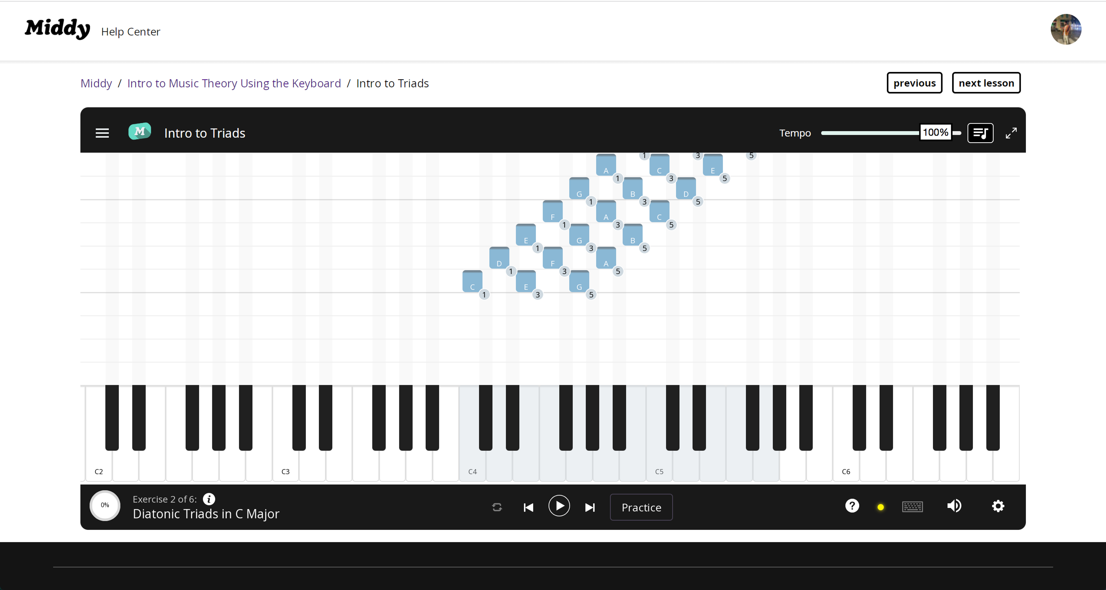 A screenshot of the Middy.com piano learning interface