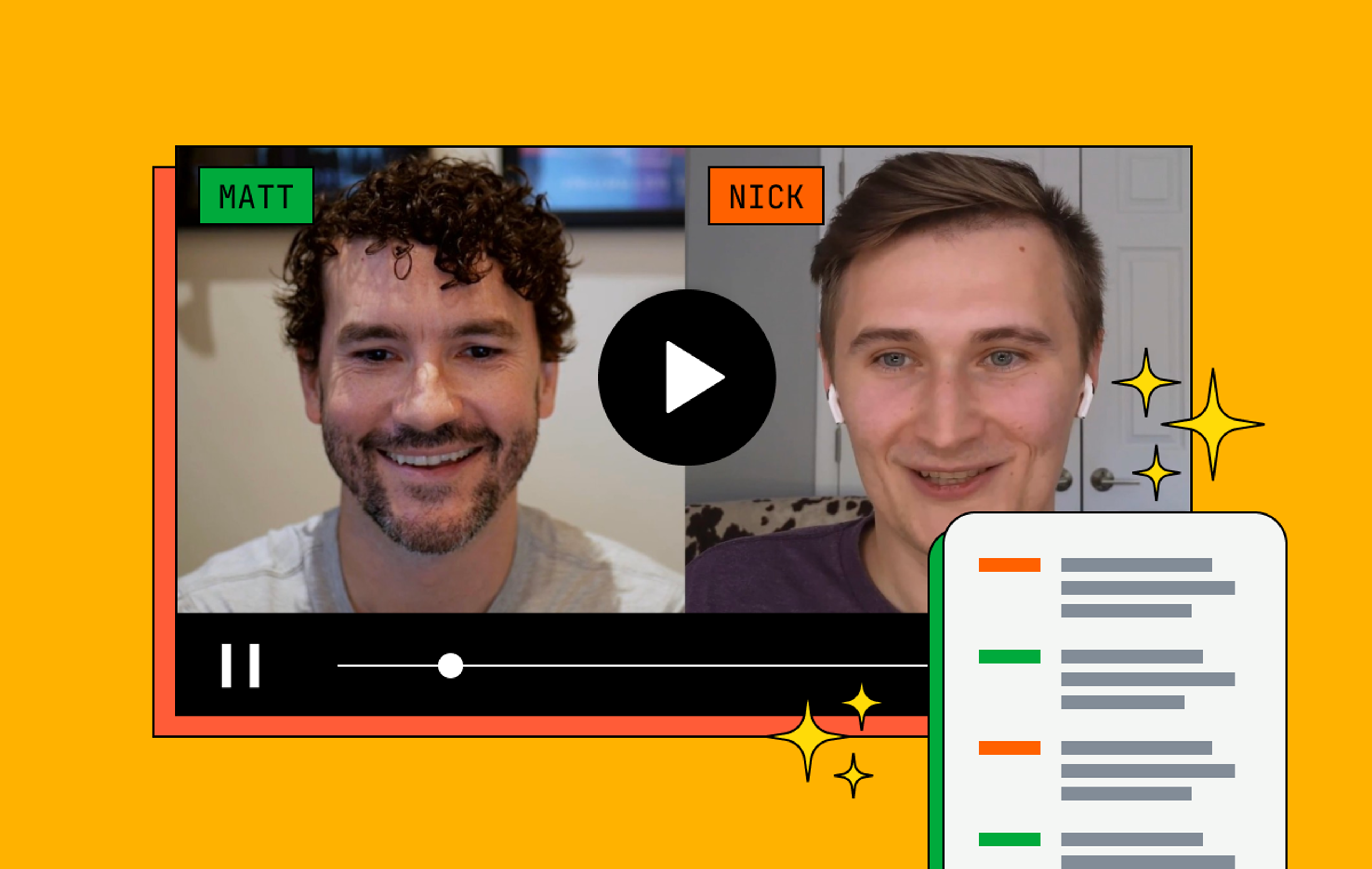 A player showing a video of two people talking. The people are labeled with their names, Matt and Nick. Below the player, a graphical representation of a transcript.