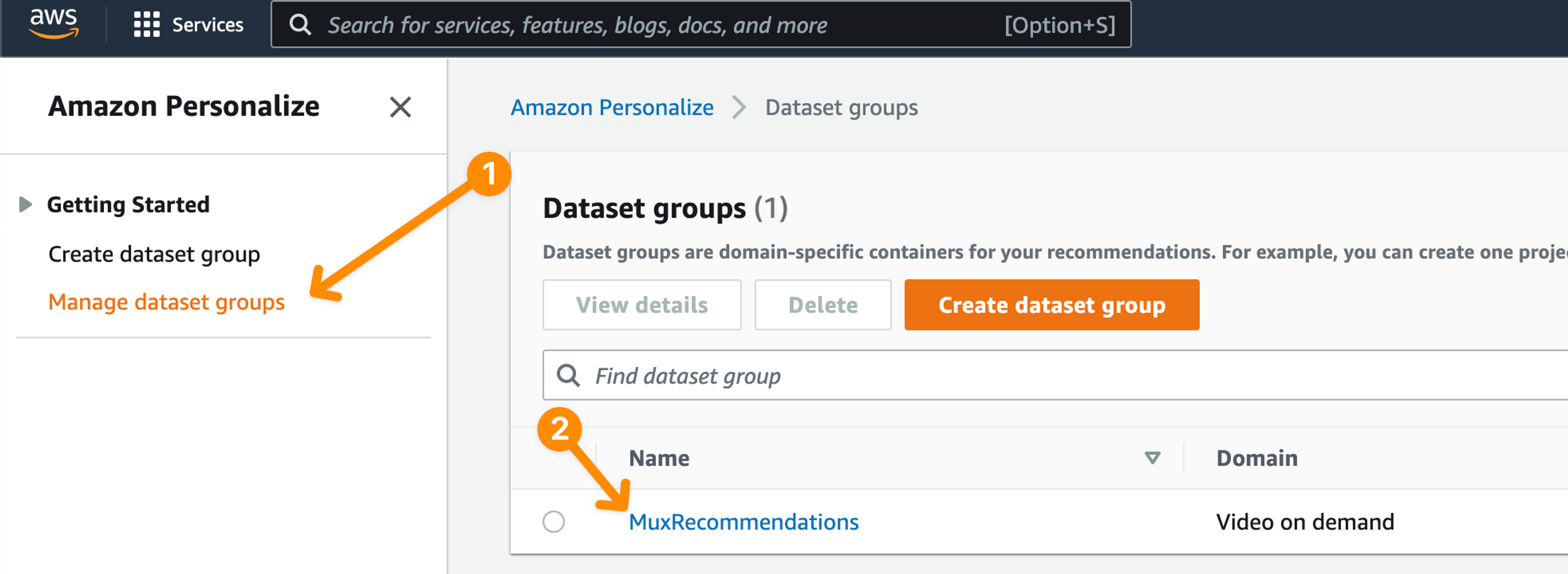 A screenshot of the Amazon Personalize Dataset groups admin dashboard