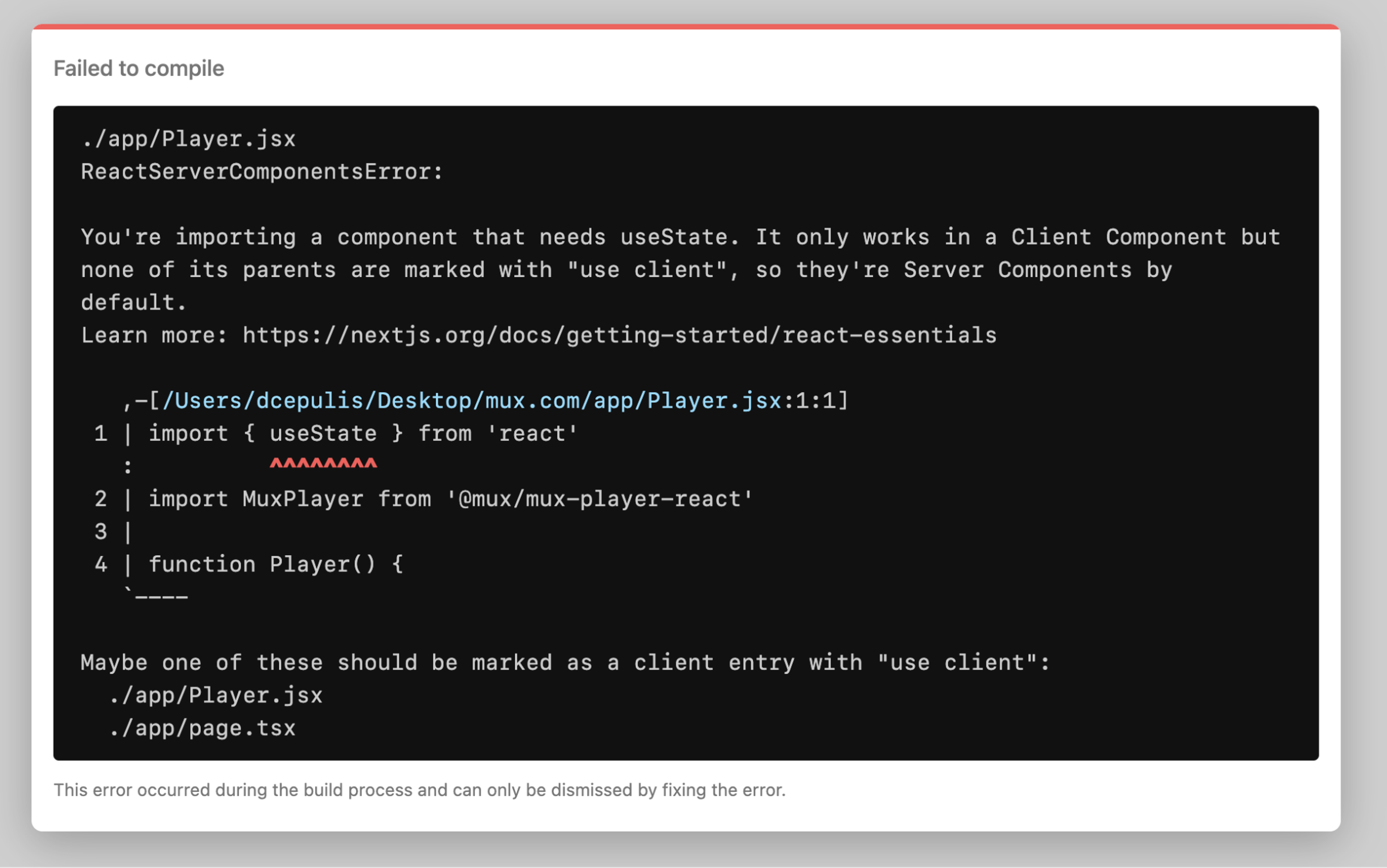 The Player component relies on user interaction, so it needs a “use client” directive.