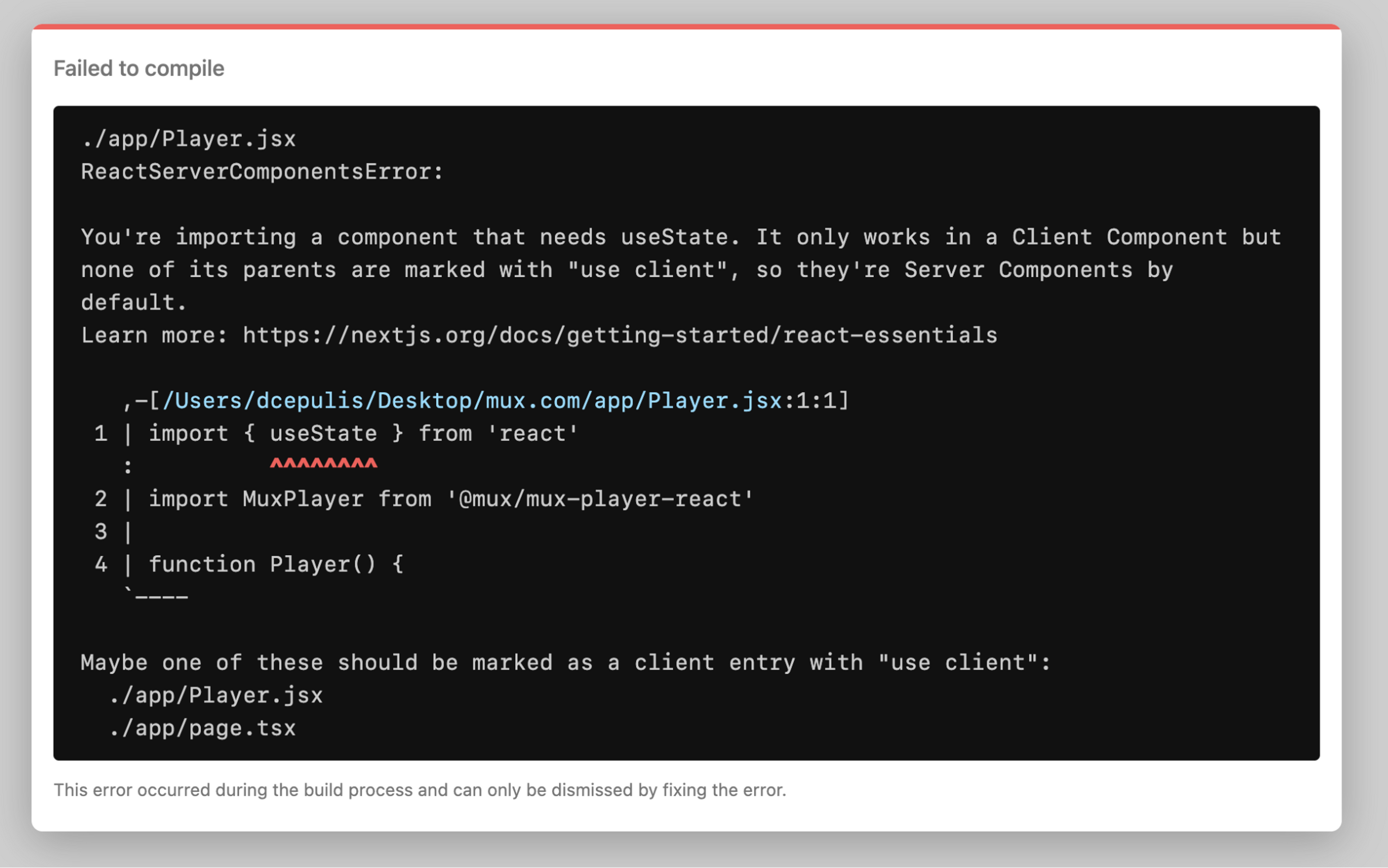 The Player component relies on user interaction, so it needs a “use client” directive.