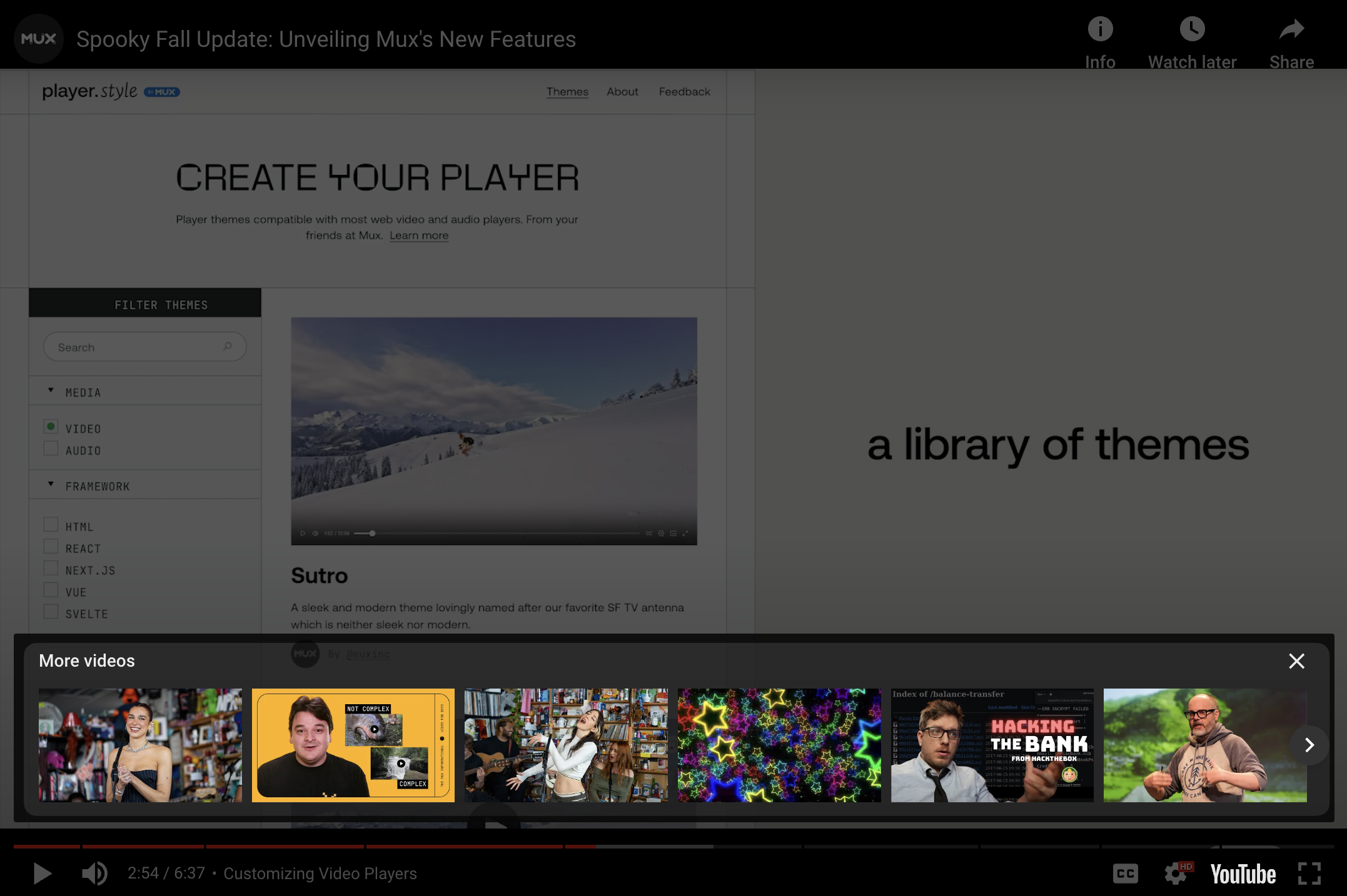 A screenshot of the YouTube player embed. There's a slider of thumbnails at the bottom of the player showing a variety of different videos that are readily accessible. It's easy to get distracted and click any of them, leaving the main video behind.