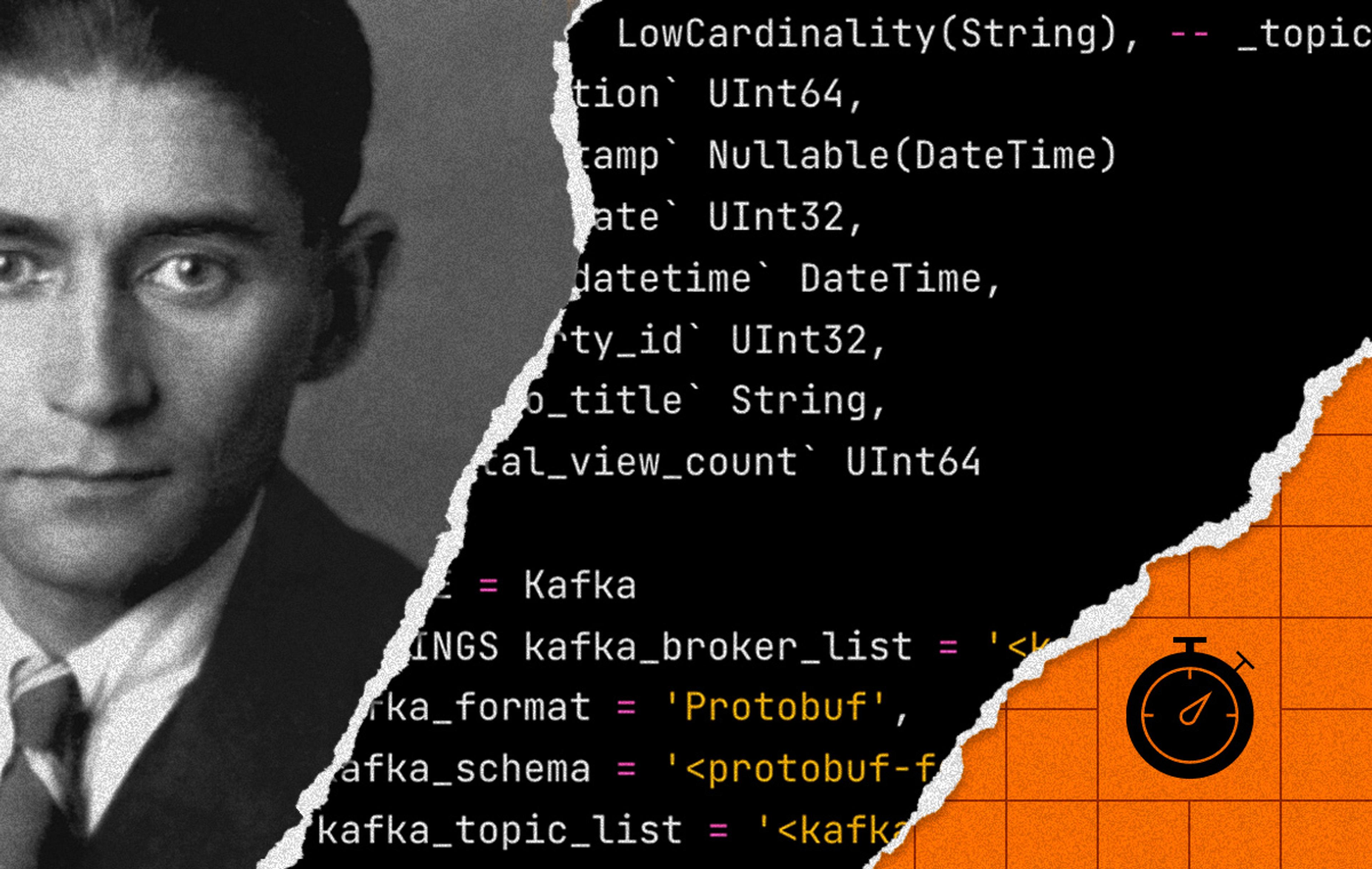 A photo of Kafka is layered on top of some Clickhouse code. There's a stopwatch in the bottom right hand corner. The composition seems to be suggesting an introduction of some latency.