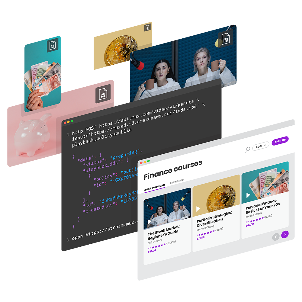 Images with courses on screen with Mux's API