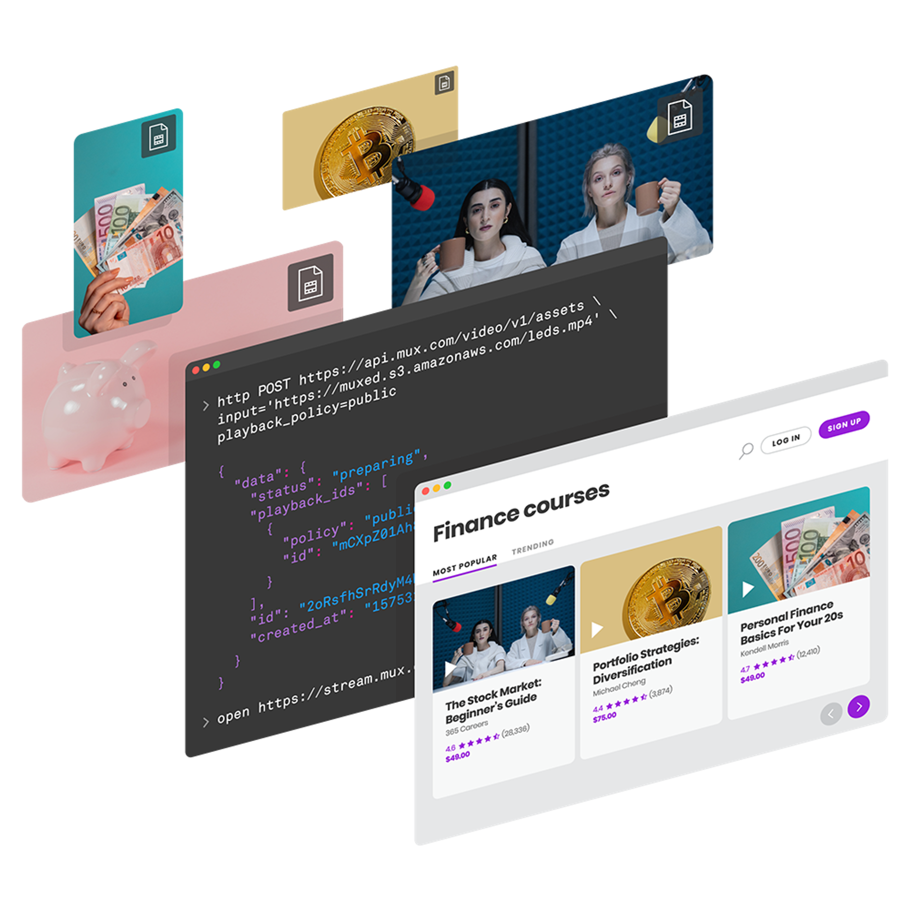 Images with courses on screen with Mux's API