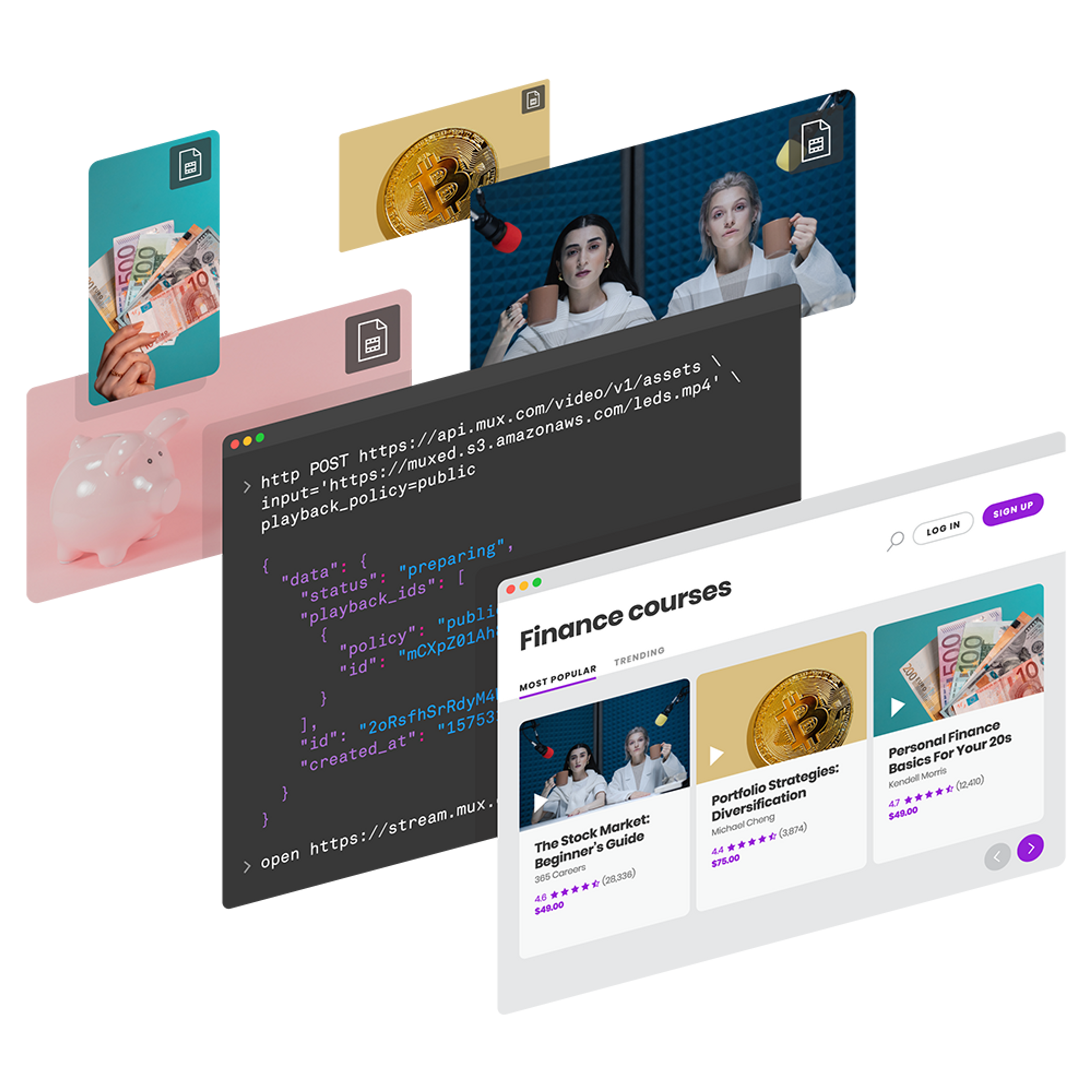 Images with courses on screen with Mux's API