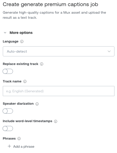 Mux dashboard 'Create generate premium captions job' form showing language set to auto-detect, a track name field, and toggles for speaker diarization and word-level timestamps.