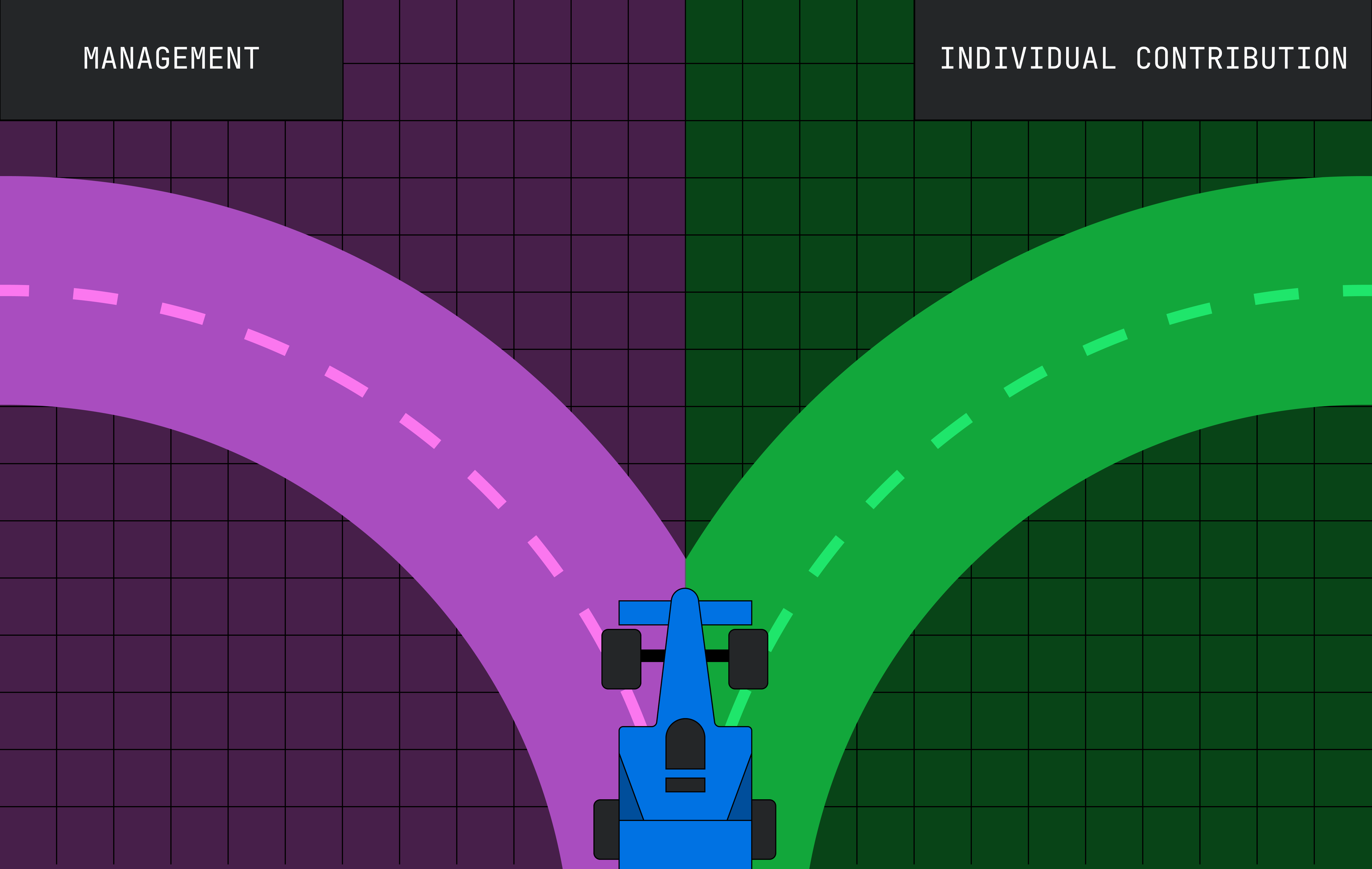 An illustration of a slot car coming to a fork in the track: to the left, a purple track labeled "Management" and to the right is a green track labeled "Individual Contributor"