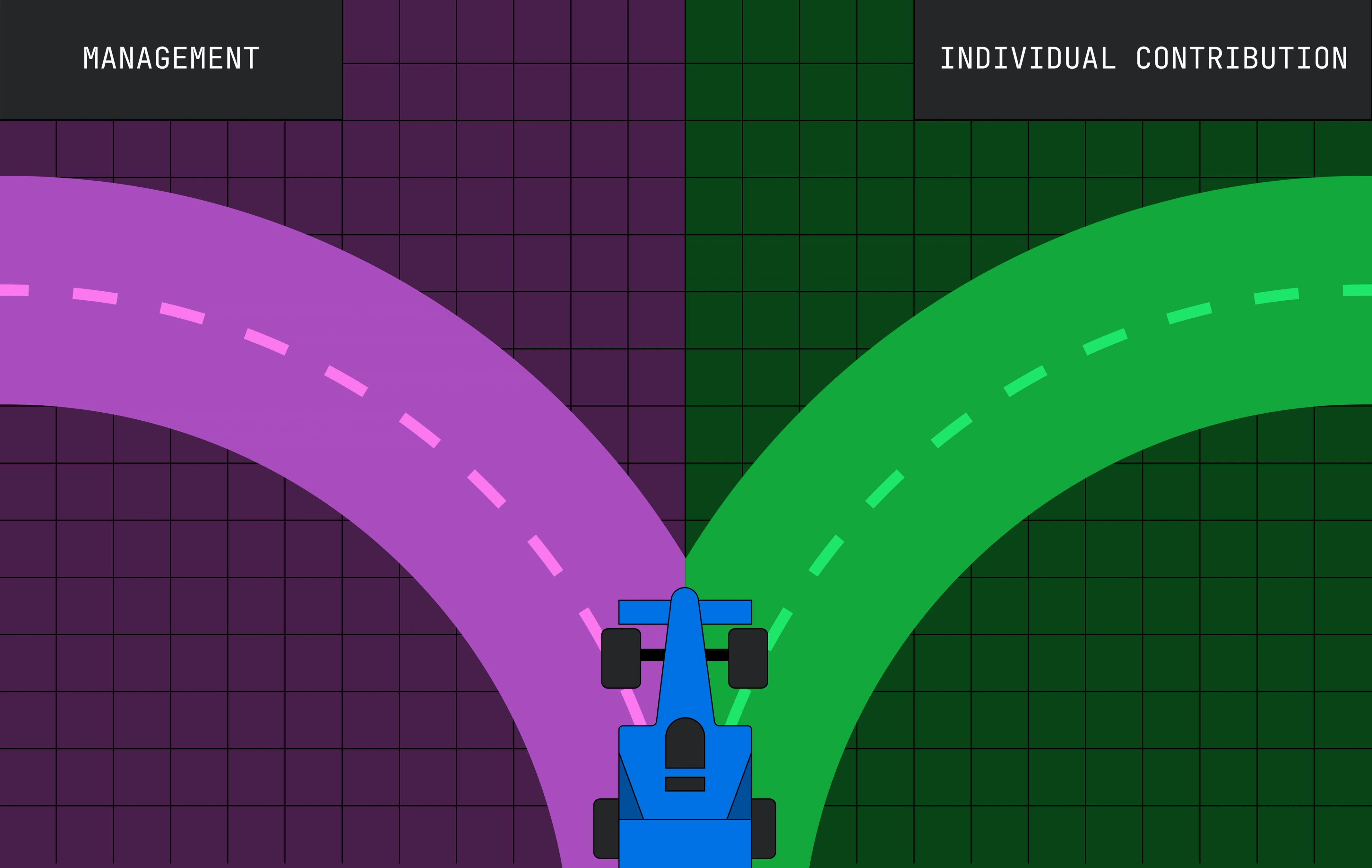 An illustration of a slot car coming to a fork in the track: to the left, a purple track labeled "Management" and to the right is a green track labeled "Individual Contributor"