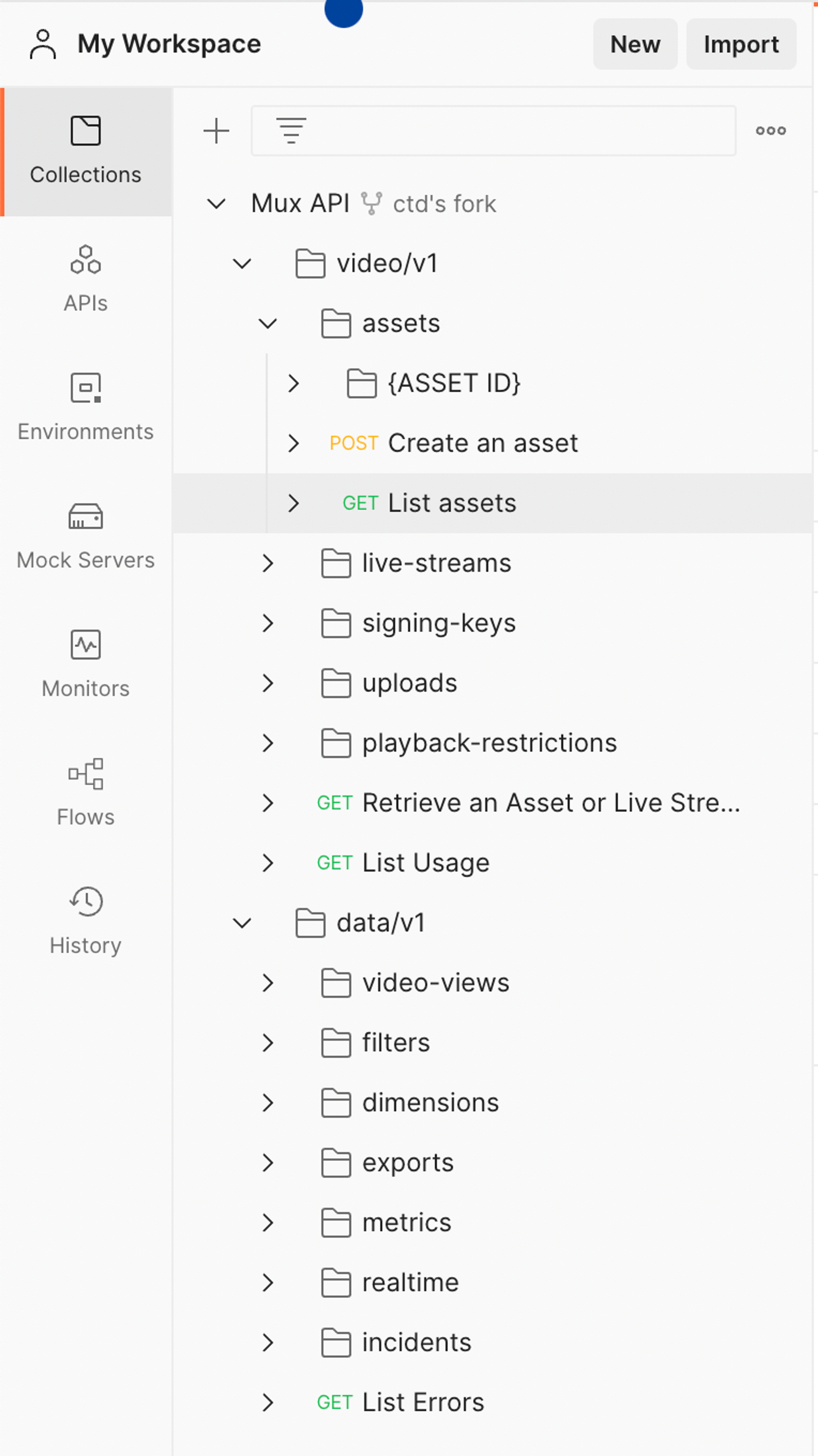 Sample forked collection that depicts a sidebar of MUX API requests grouped by type. For example, v1 video, assets, live-streams etc. Or v1 data. For example, video-views, dimensions etc.