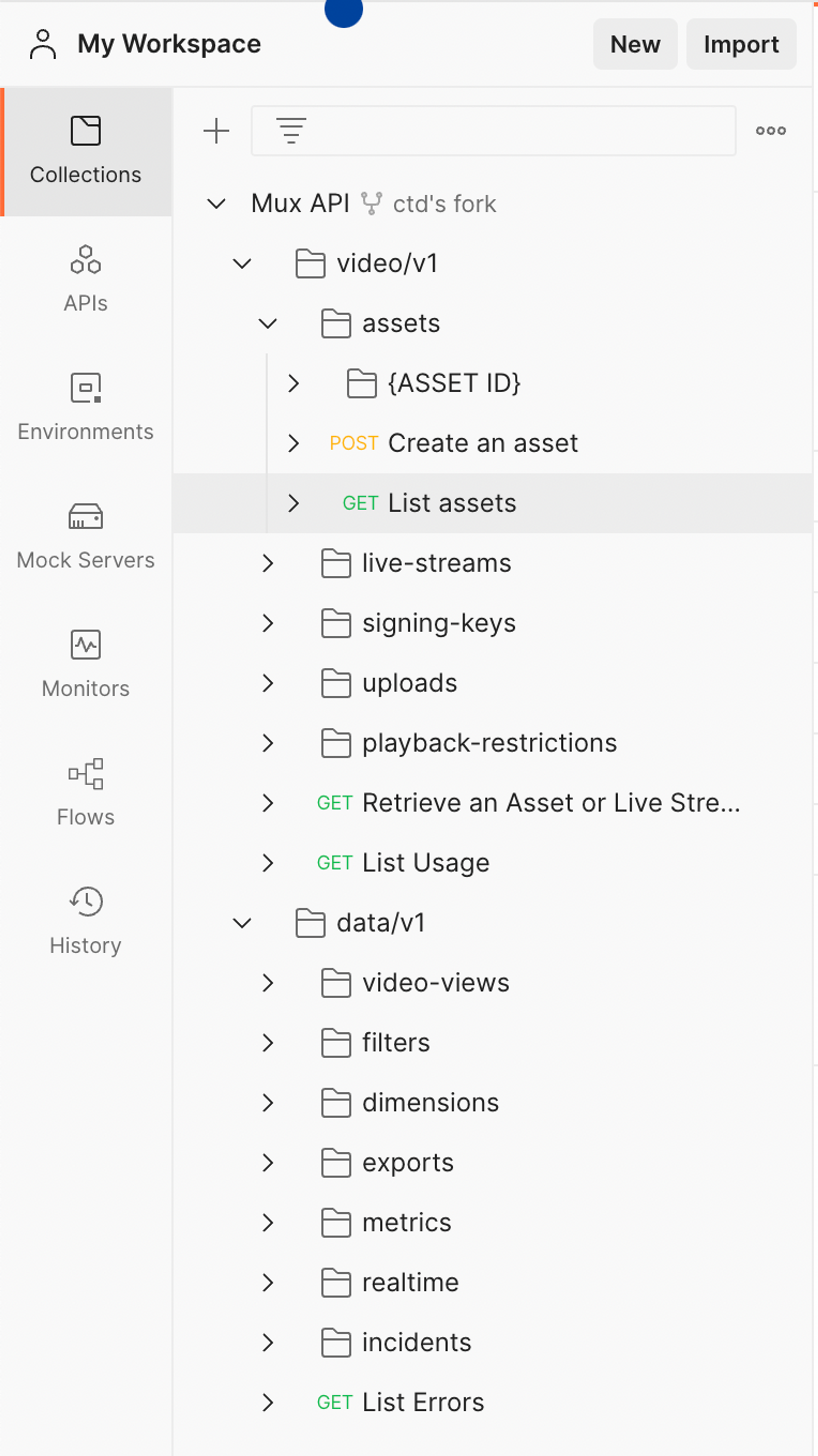 Sample forked collection that depicts a sidebar of MUX API requests grouped by type. For example, v1 video, assets, live-streams etc. Or v1 data. For example, video-views, dimensions etc.