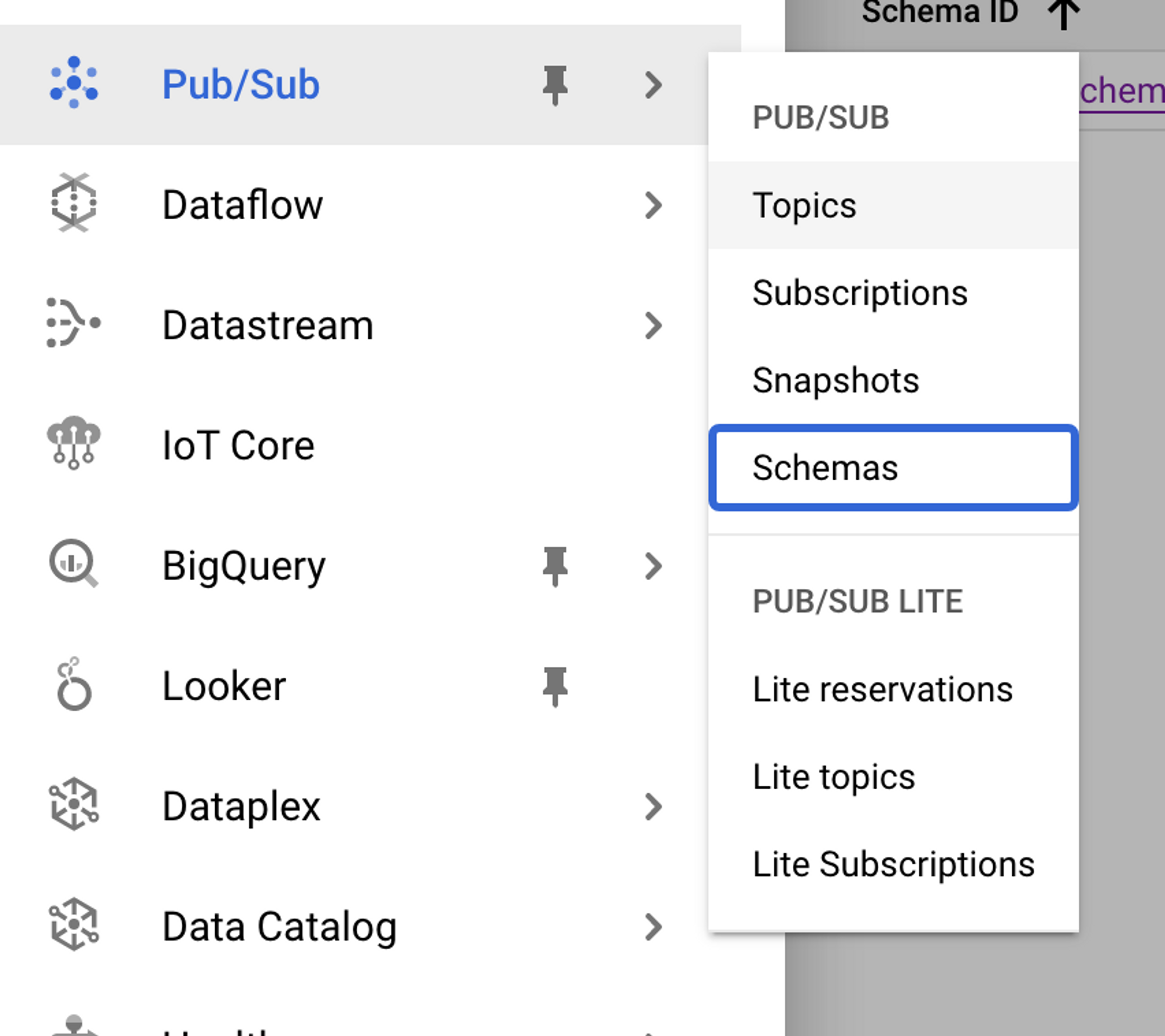 A screenshot showing the location of the Schemas submenu item within the Pub/Sub parent menu