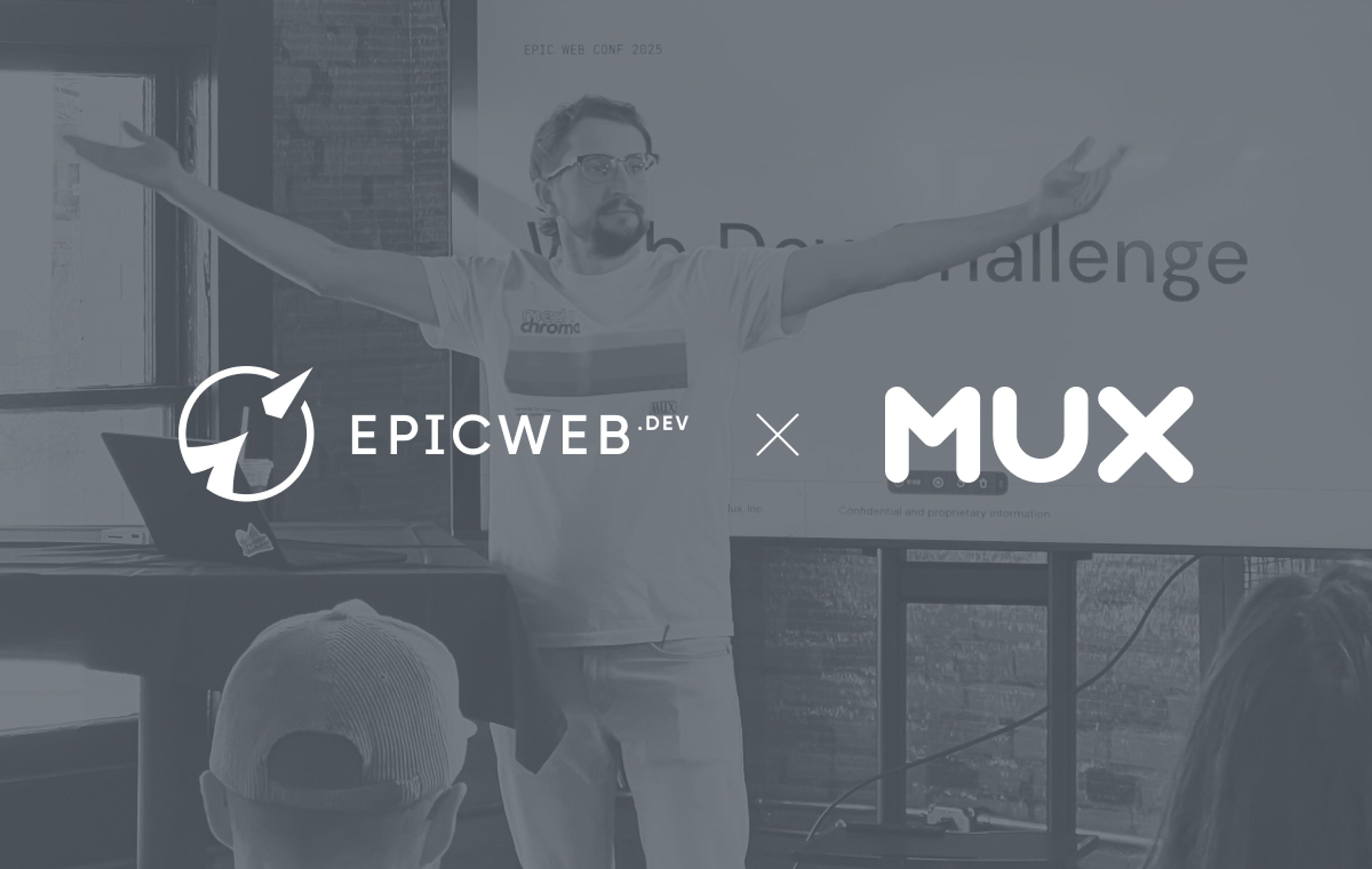 A design showing me, Dave, with my hands out in a grand pose, basking in the glorious SLC sunlight that streams through the loft window at Squatter's brewery. I'm presenting about the Web Dev Challenge. The image is desaturated and overlaid with two logos, one for Mux, and one for Epic Web.