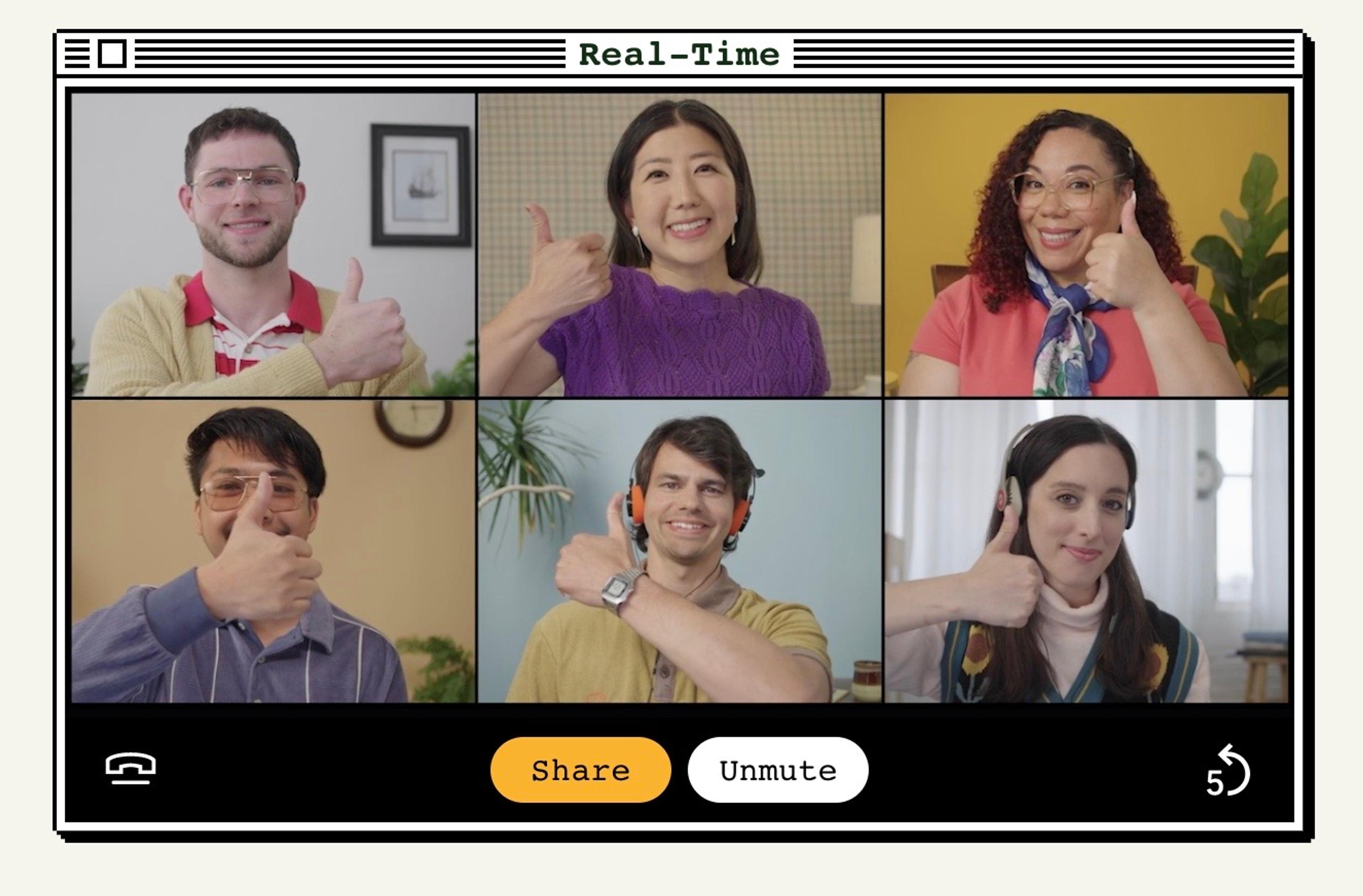 A retro-style video call window titled, "Real-Time". It depicts 6 people wearing colorful shirts in walls of varying background colors. They are all doing the thumbs up sign.