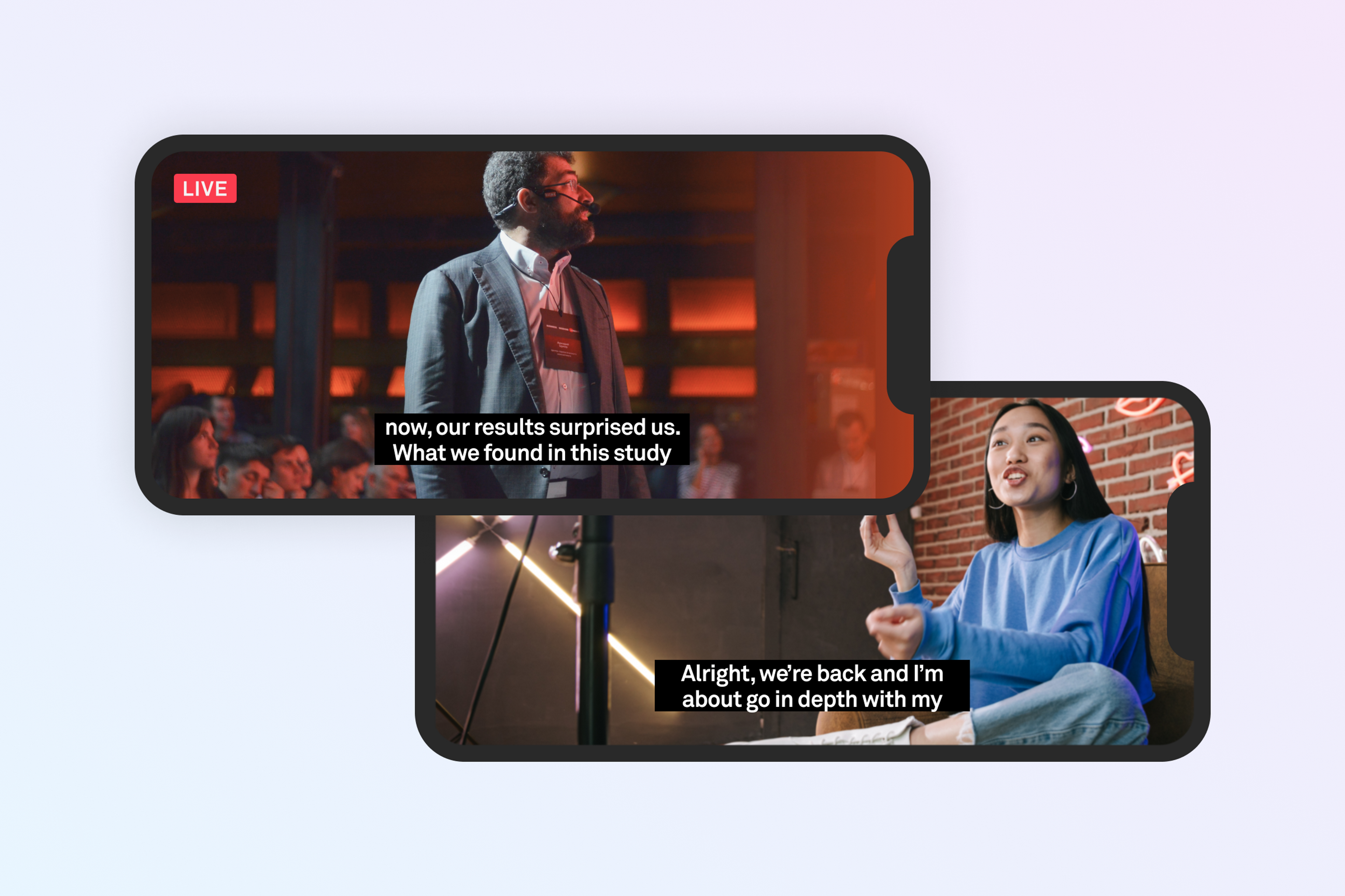 Two mobile devices showing live streams featuring closed captions