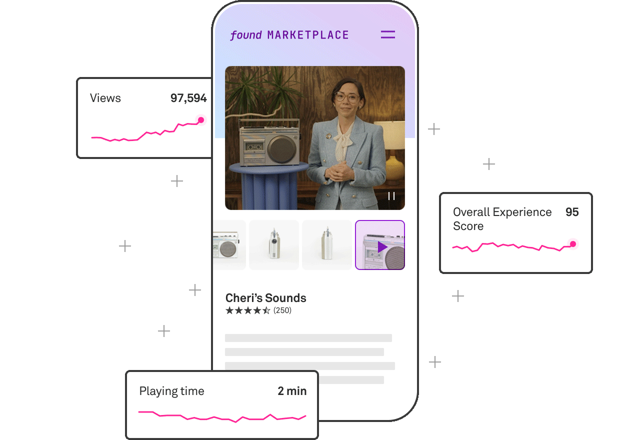 A stream of a person selling a product in a marketplace app. Statistics about the stream hover around the app: views, playing time, overall experience score