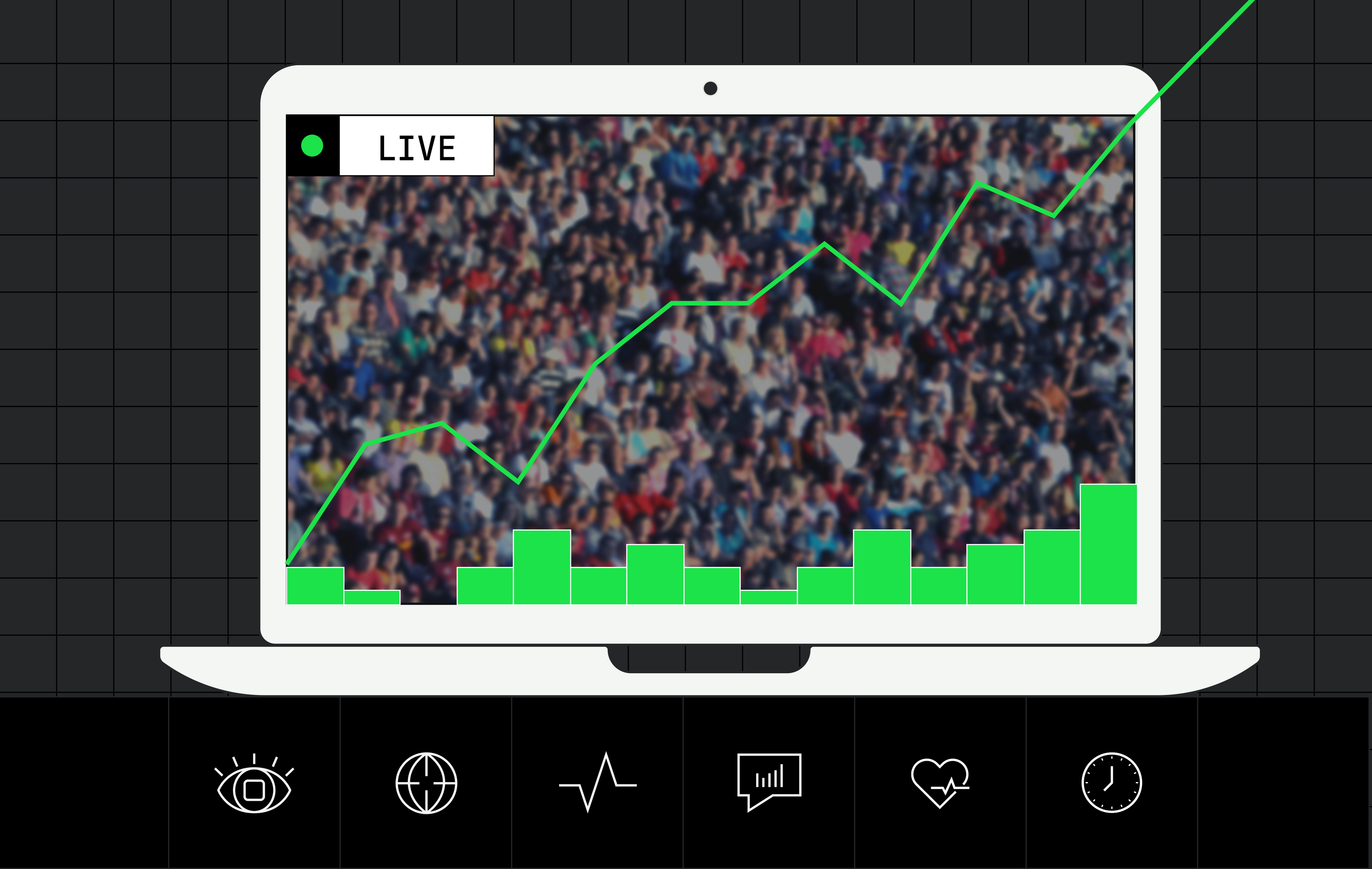 A graphic design showing a large crowd on a laptop screen with a green chart overlaid on top.