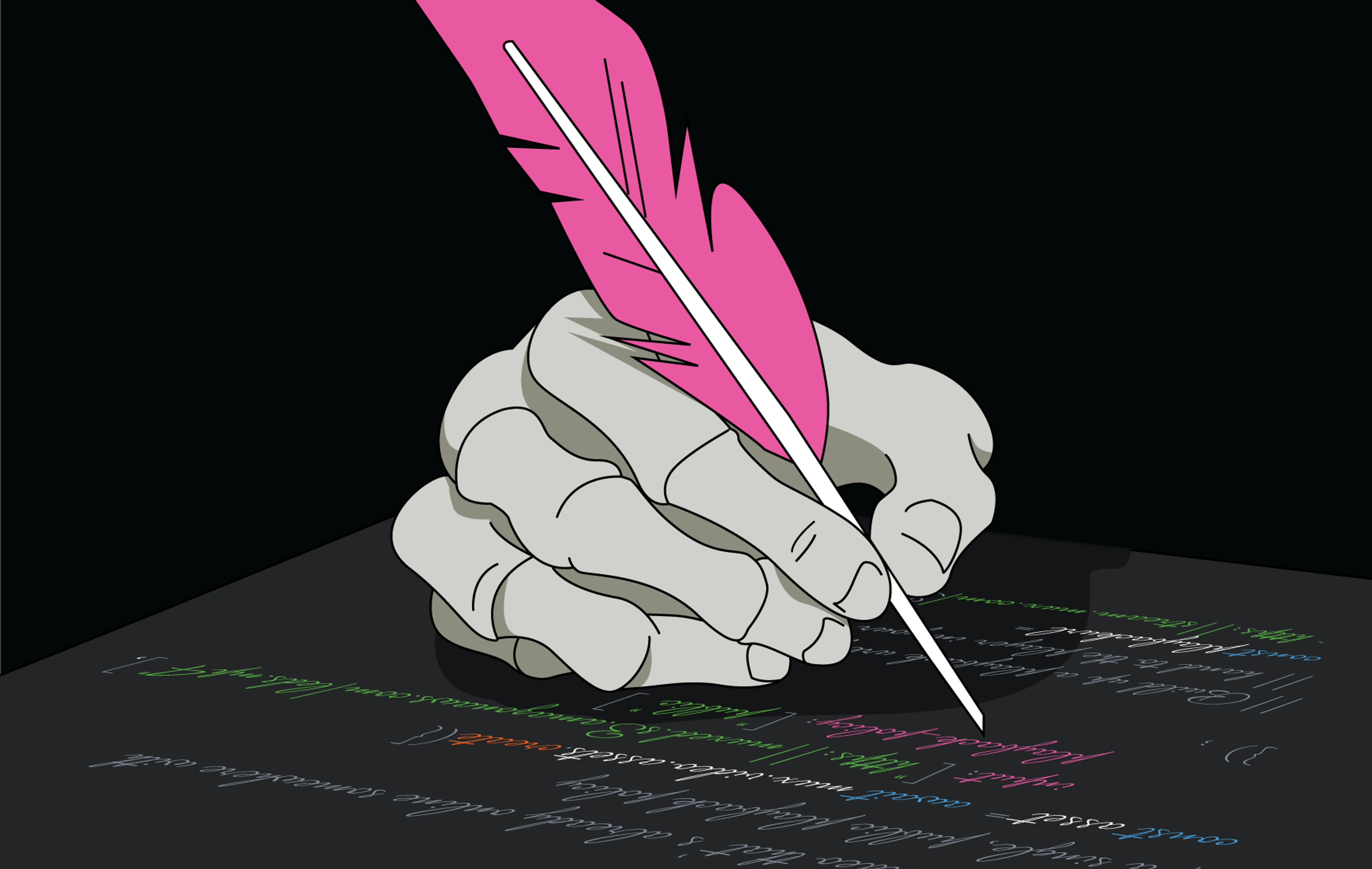 A skeleton hand grips a pink quill. Aware of its finite time, it scribes code onto a black surface.