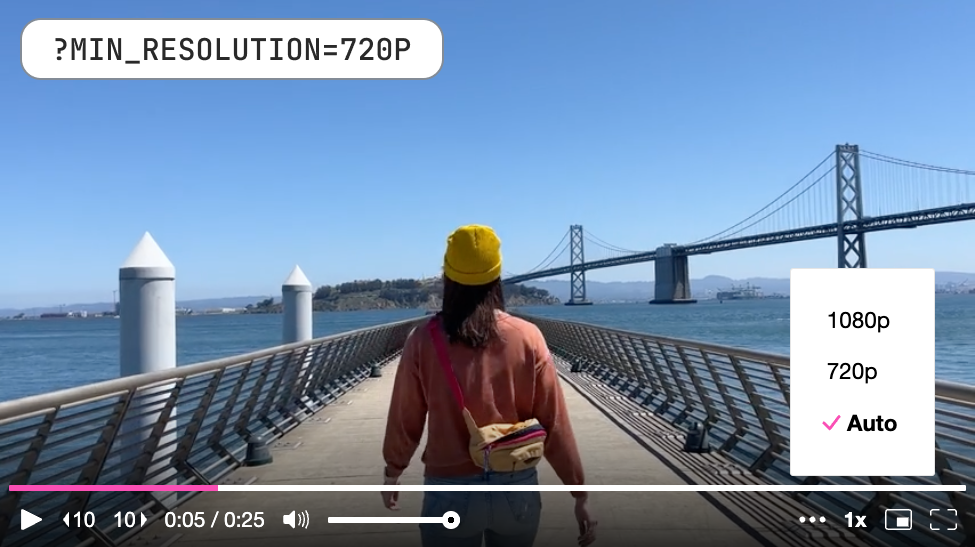 A video player showing a woman walking towards the bay bridge in San Francisco, the quality selector only shows 2 op
