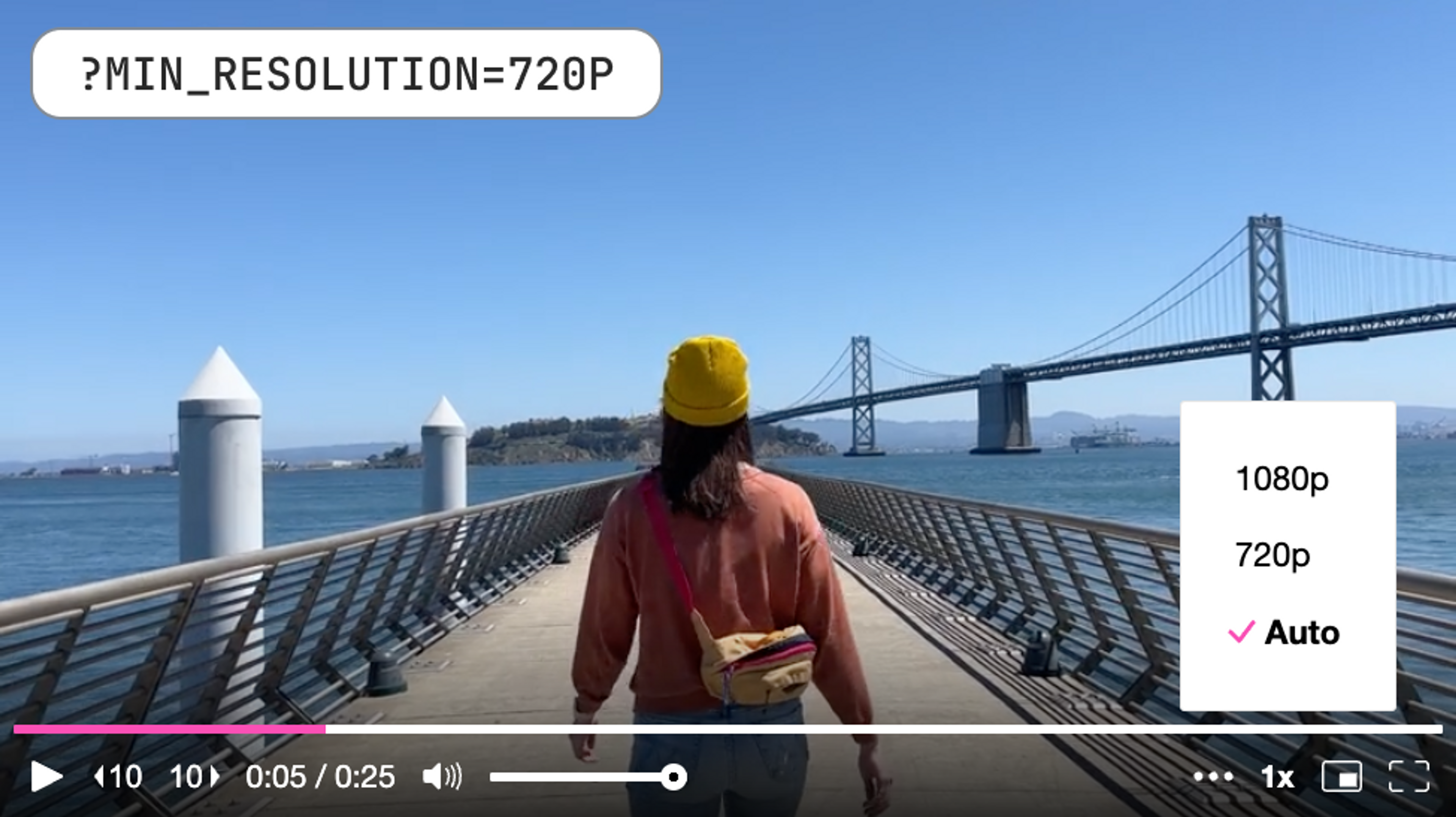 A video player showing a woman walking towards the bay bridge in San Francisco, the quality selector only shows 2 op