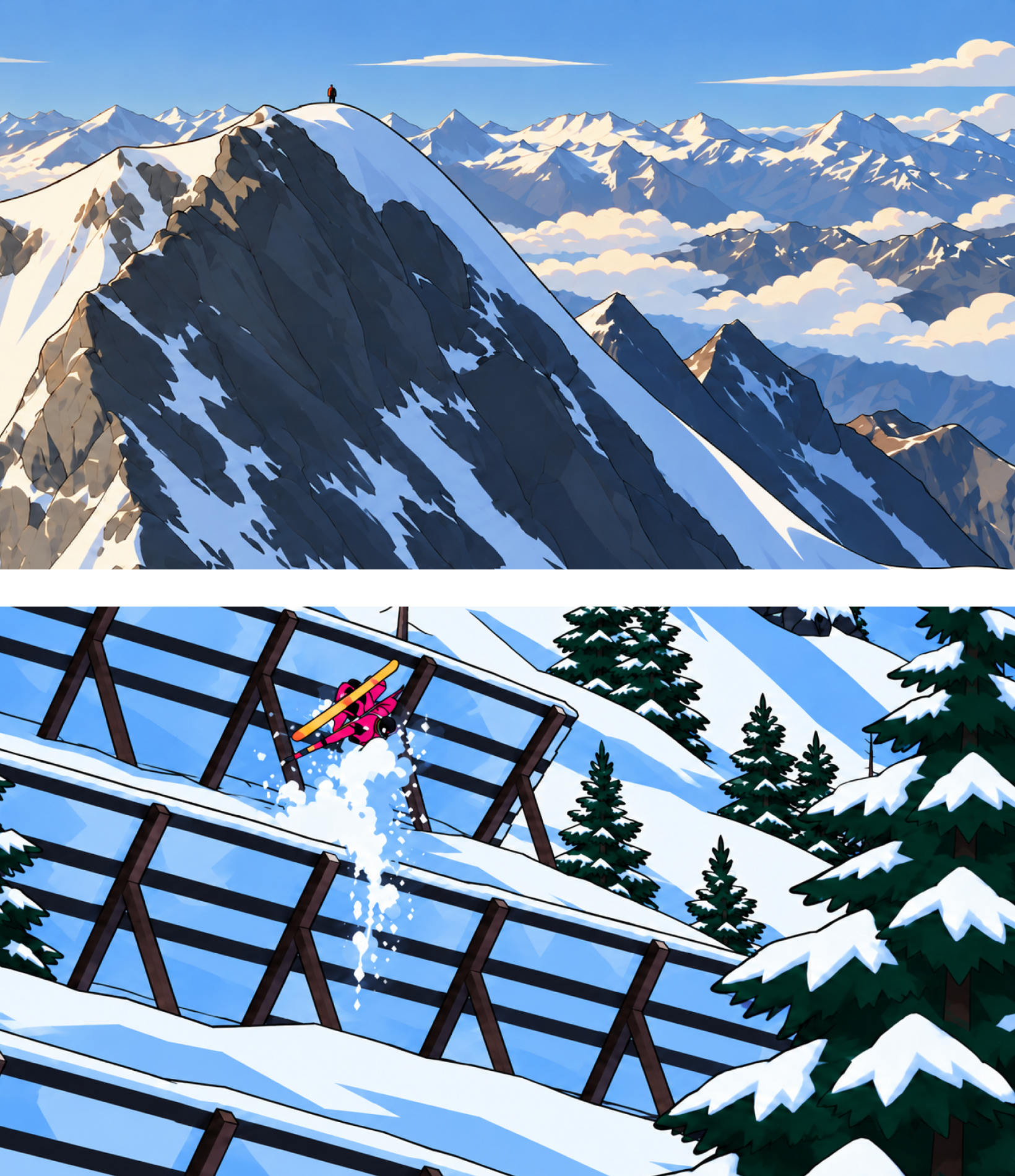 Two stacked illustrated frames: a lone figure standing on a snowy summit ridge with rows of peaks above the clouds below, and a skier in pink flipping over a wooden avalanche barrier on a snowy slope, trailing a plume of powder.
