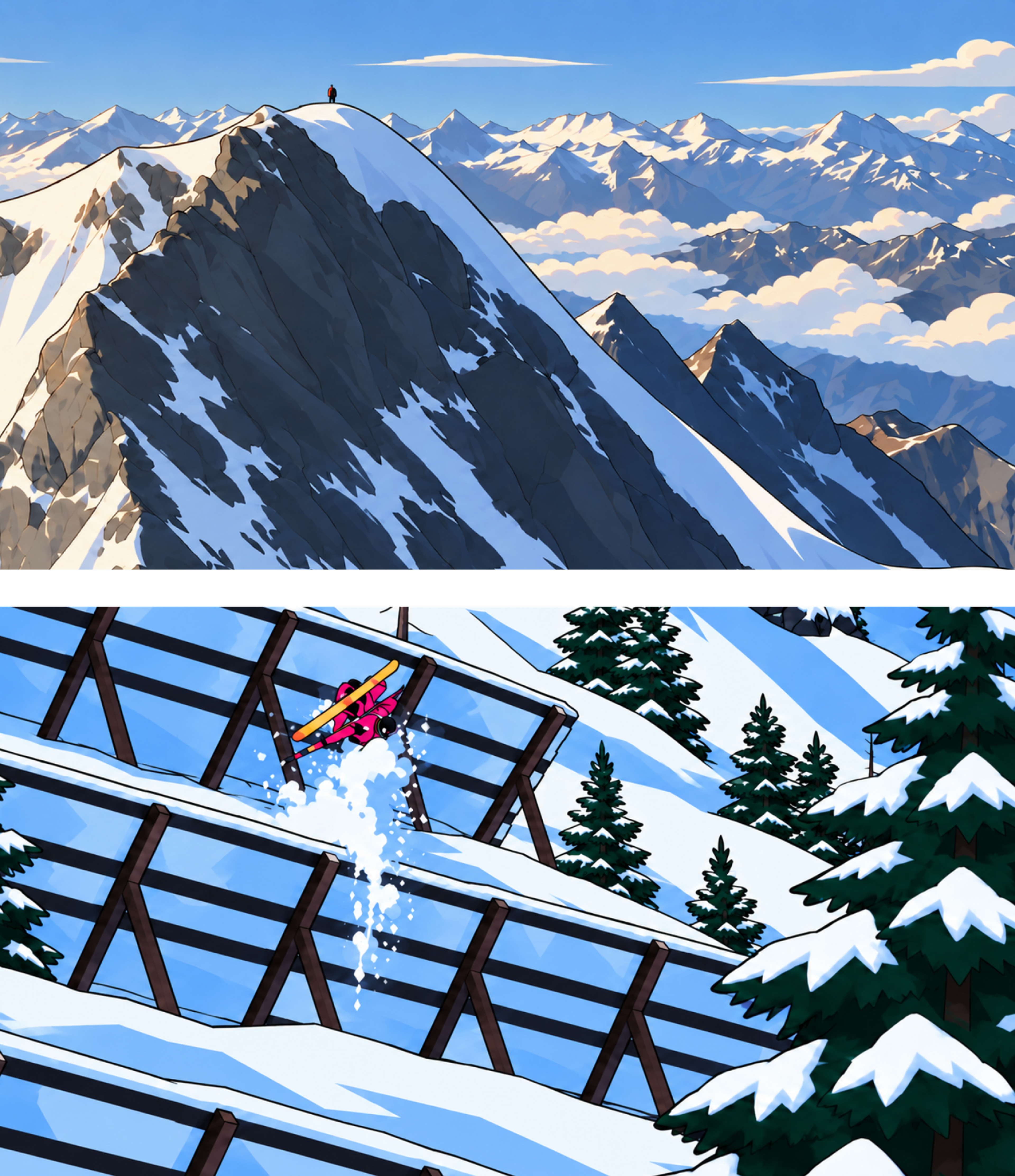 Two stacked illustrated frames: a lone figure standing on a snowy summit ridge with rows of peaks above the clouds below, and a skier in pink flipping over a wooden avalanche barrier on a snowy slope, trailing a plume of powder.