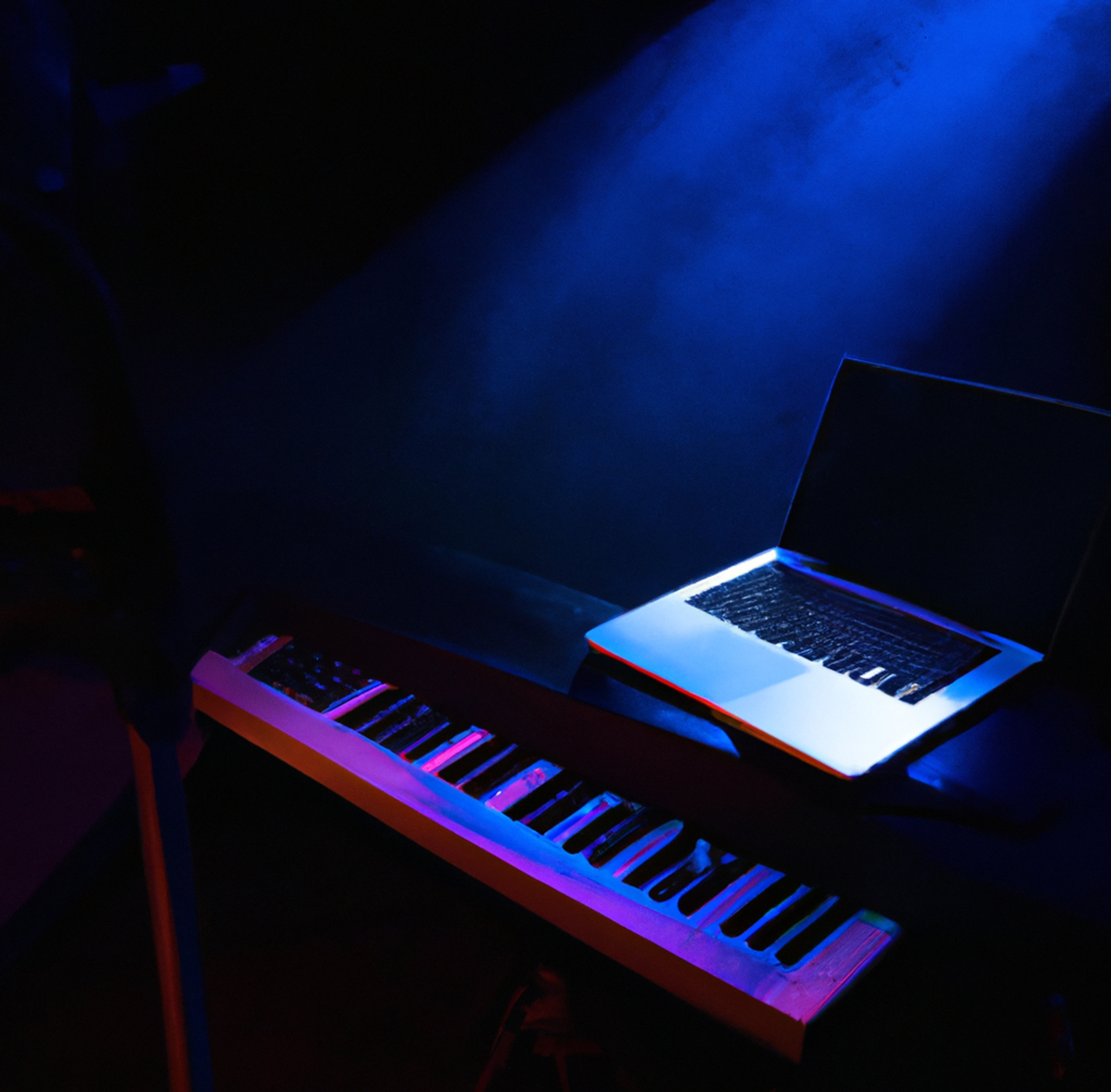 An extra wide shot of a digital midi keyboard on a stand connected to a laptop on stage in a spotlight in a dark jazz club, digital art