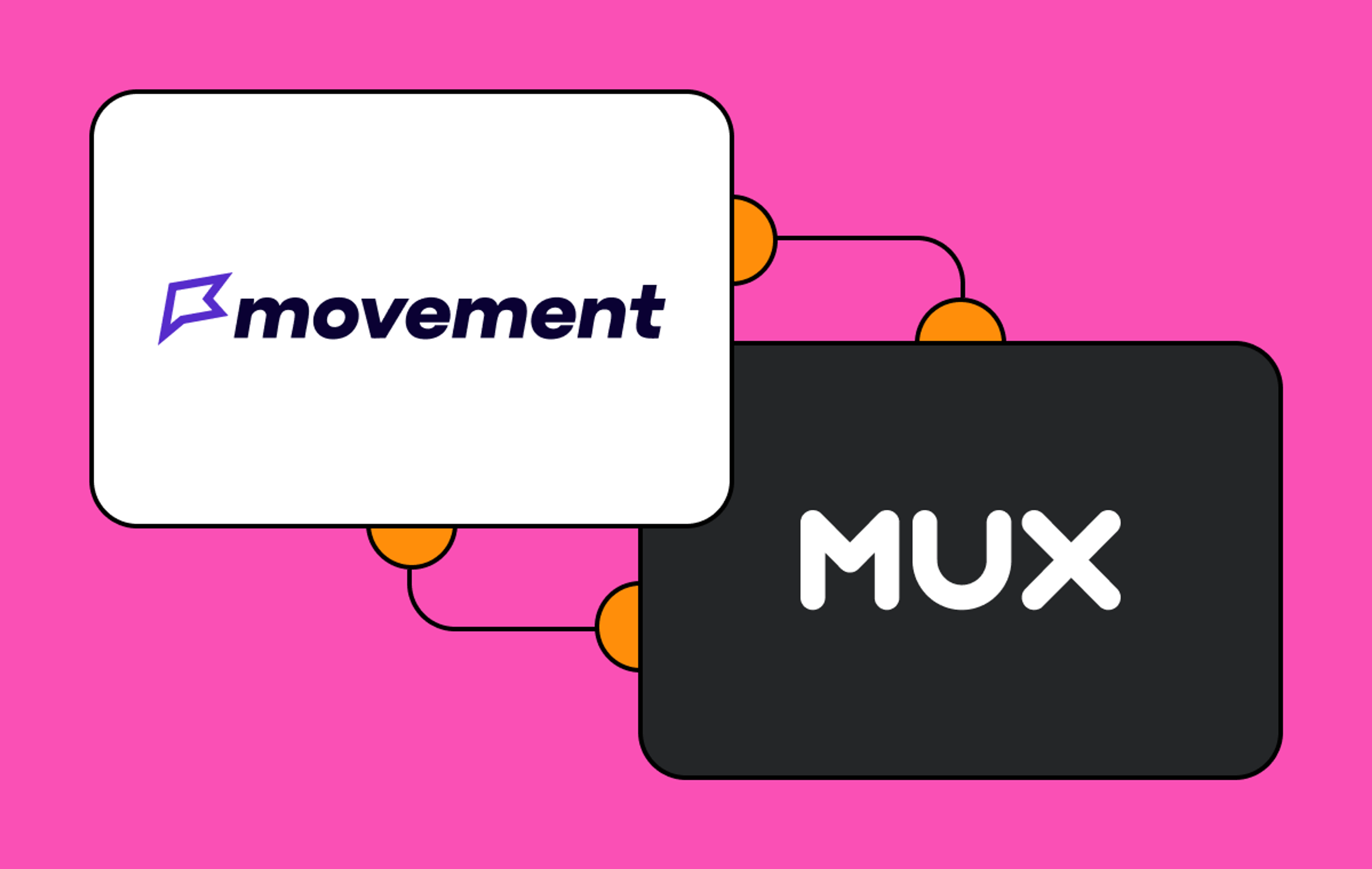 Movement logo on the left in a white box and Mux logo on the right in a dark grey box, both atop a pink background