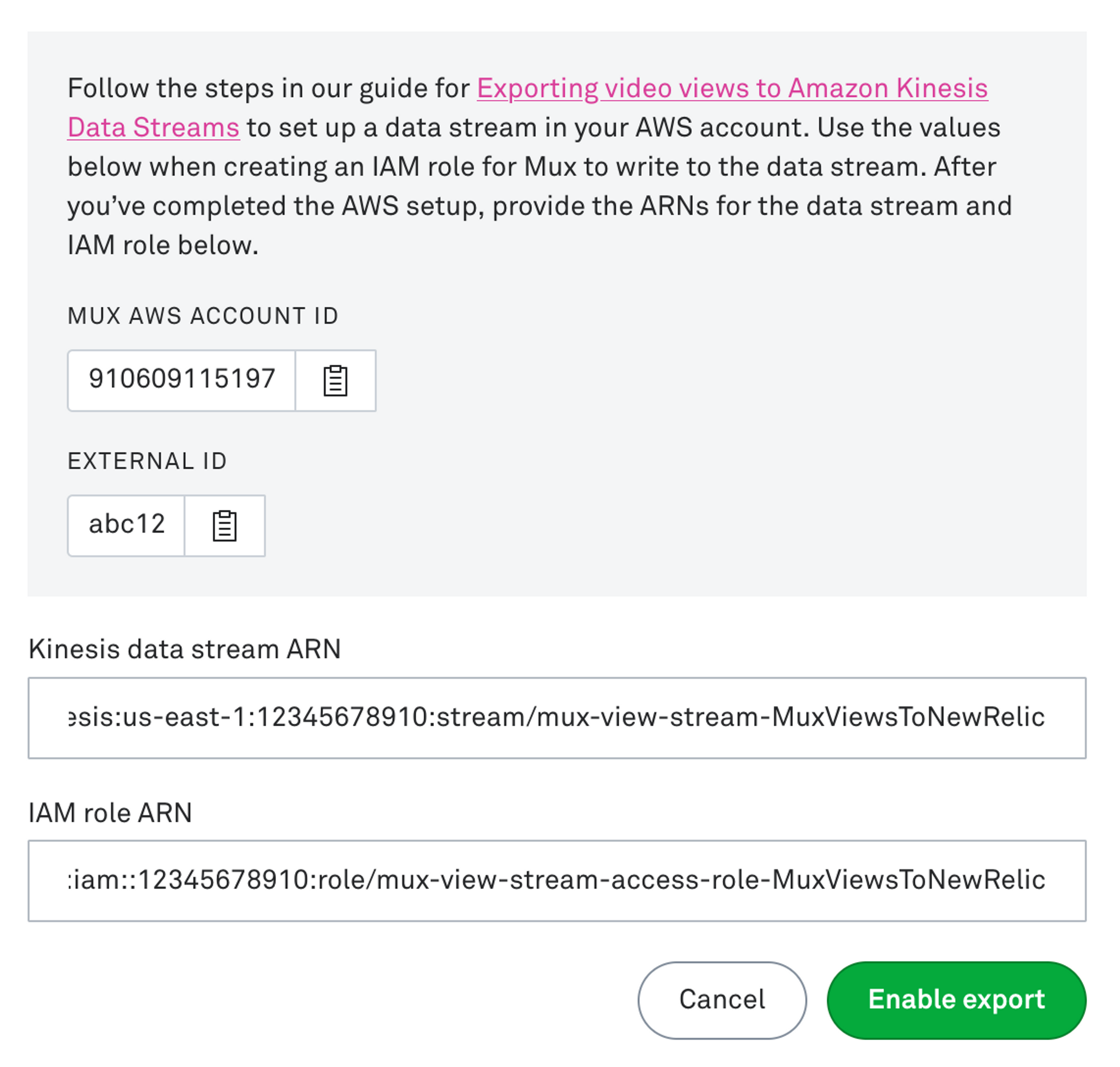 Screenshot for connecting the Mux AWS account and external ID to a Kinesis stream