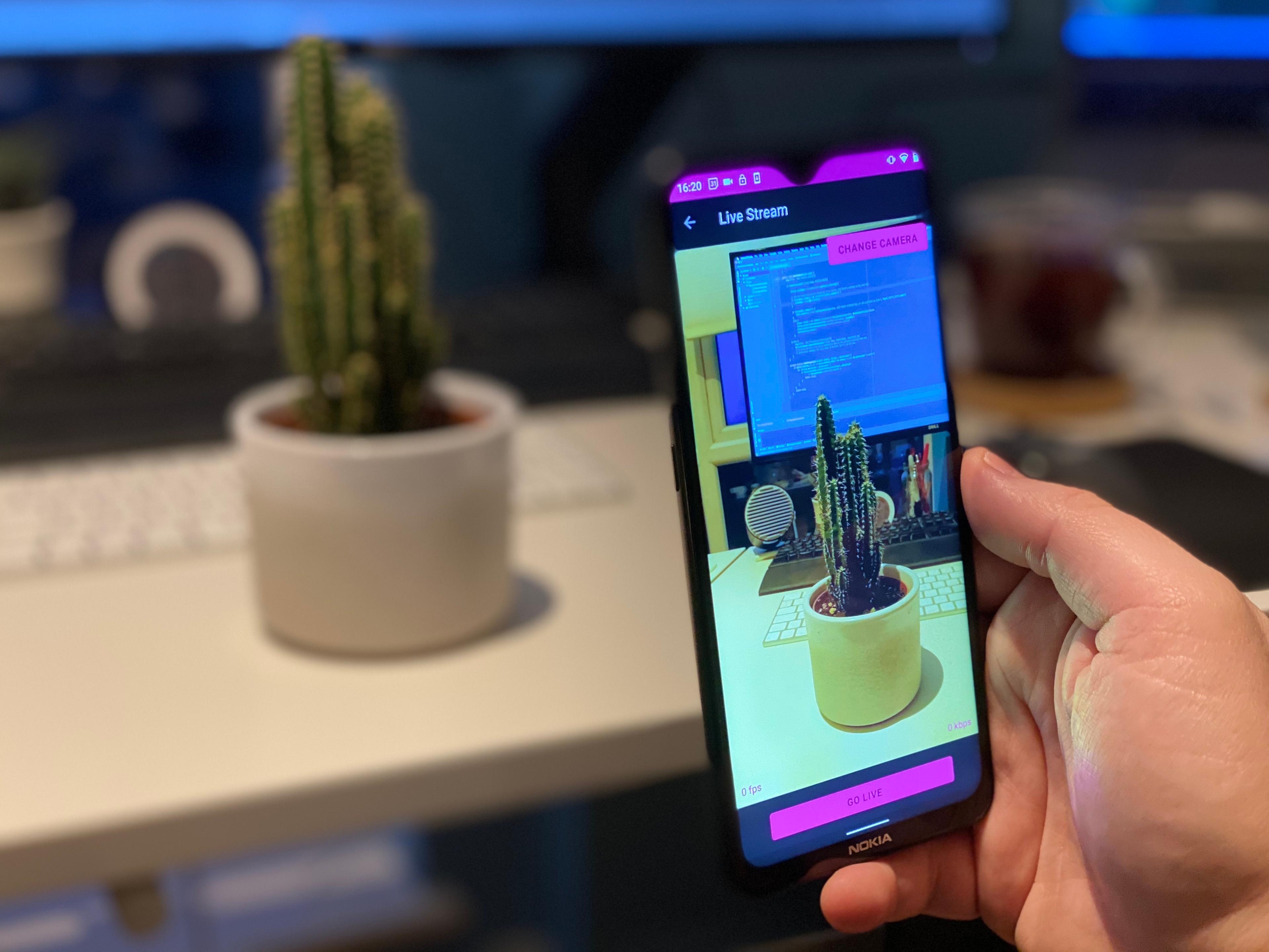 A photo of an Android phone live streaming a cactus.