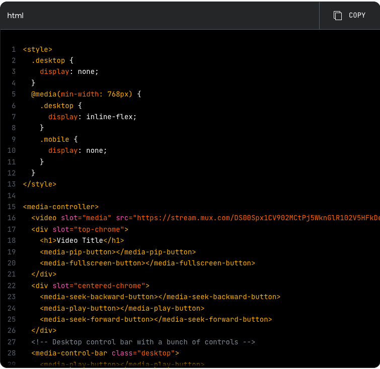 HTML code with Media Chrome with a video slot, and slots for customizing the top and center chrome