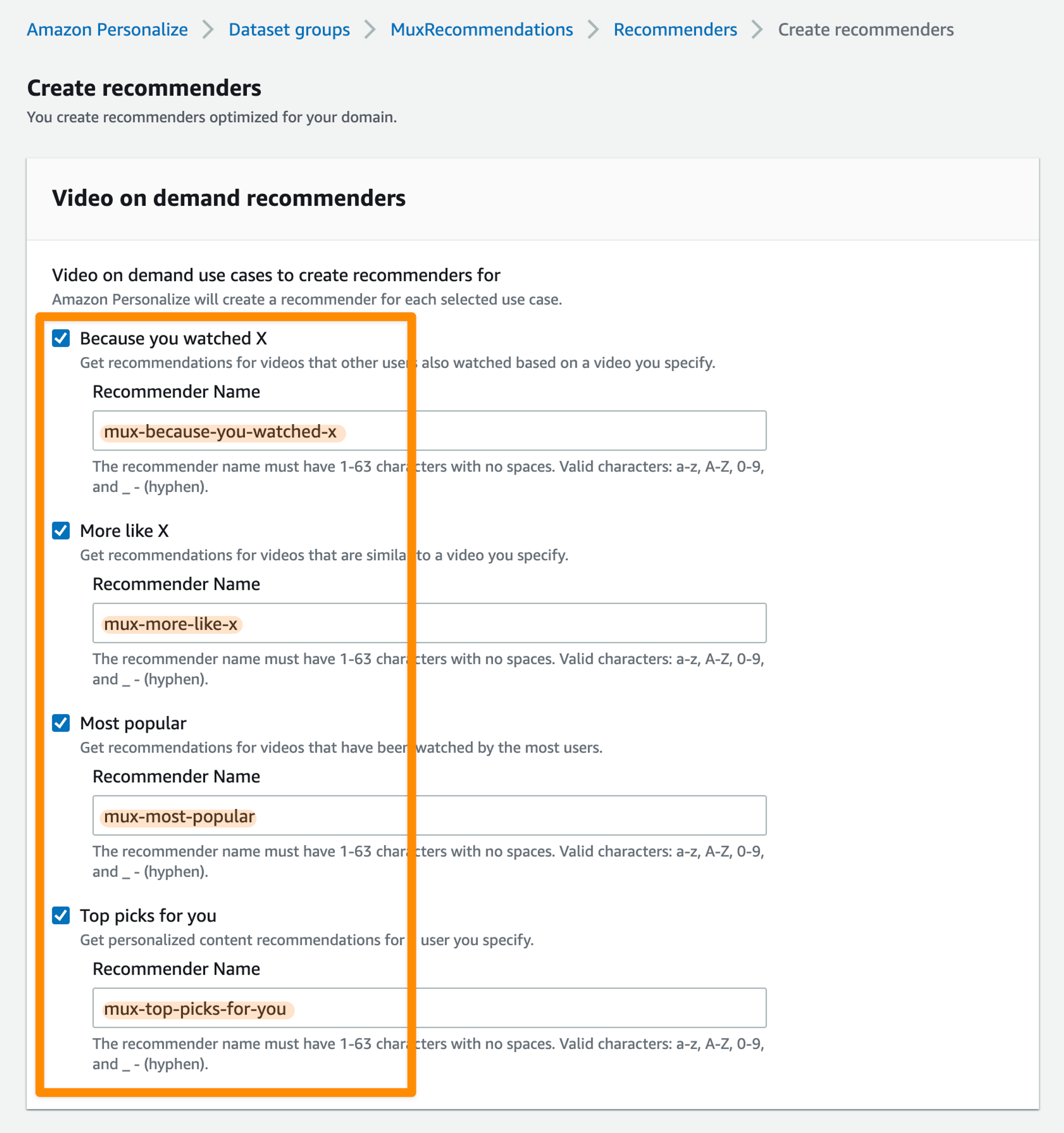 A screenshot of the Amazon Personalize dashboard with fields to create new recommenders with names