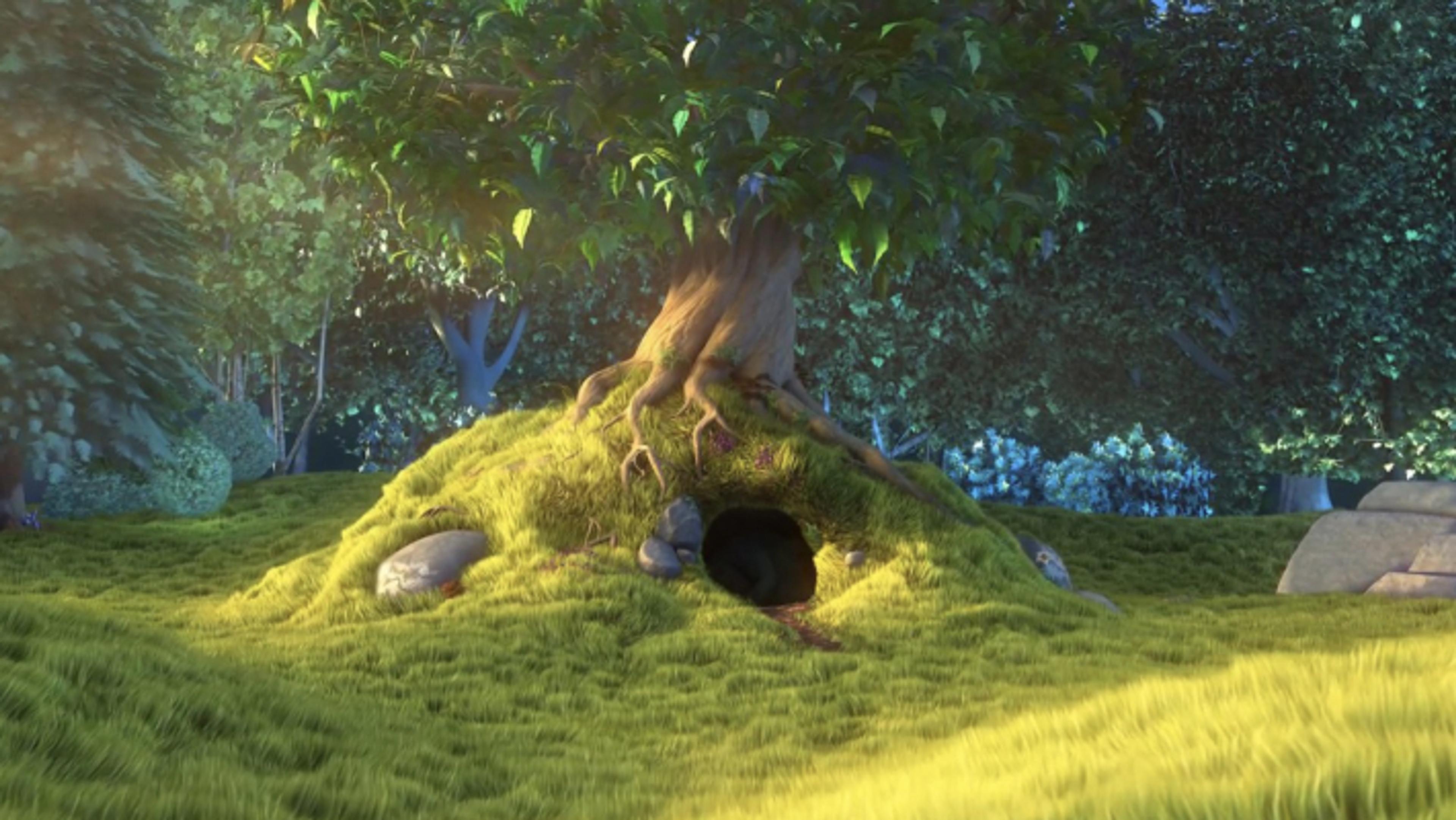 A crisp image of a tree with a hole under it in a scene from Big Buck Bunny