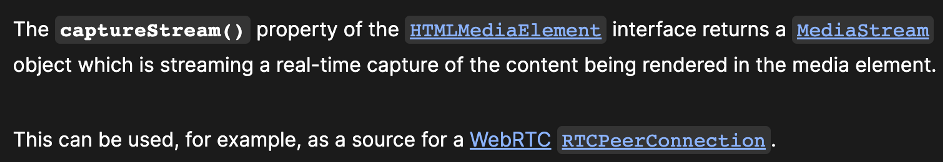 A screenshot of the captureStream documentation from the MDN website