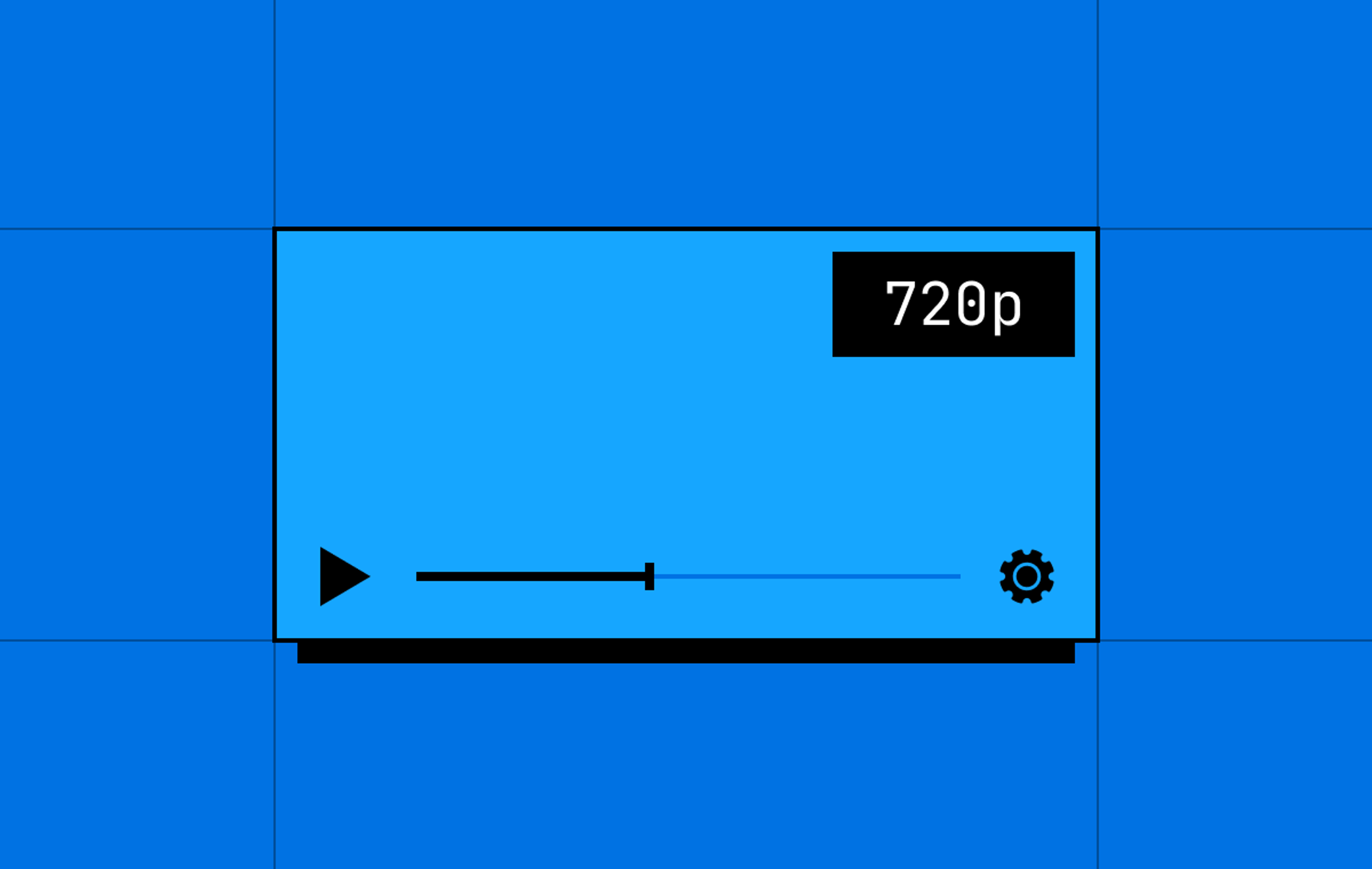 Illustration of a video player interface showing a 720p resolution badge in the top right corner, with playback controls including a play button, scrubber, and settings gear icon.