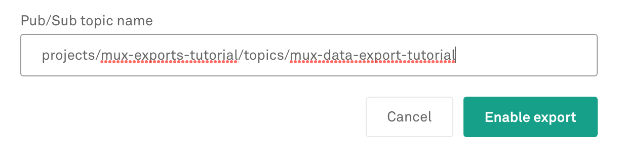 A screenshot of the "Pub/Sub topic name" field within the Mux dashboard, populated with the value of our example topic name.