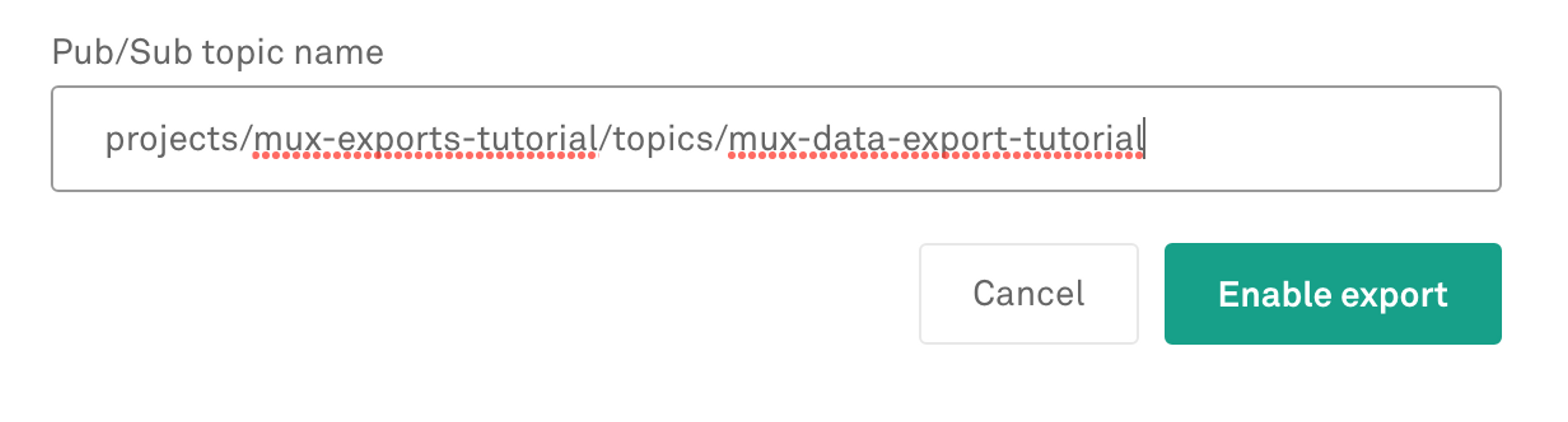 A screenshot of the "Pub/Sub topic name" field within the Mux dashboard, populated with the value of our example topic name.