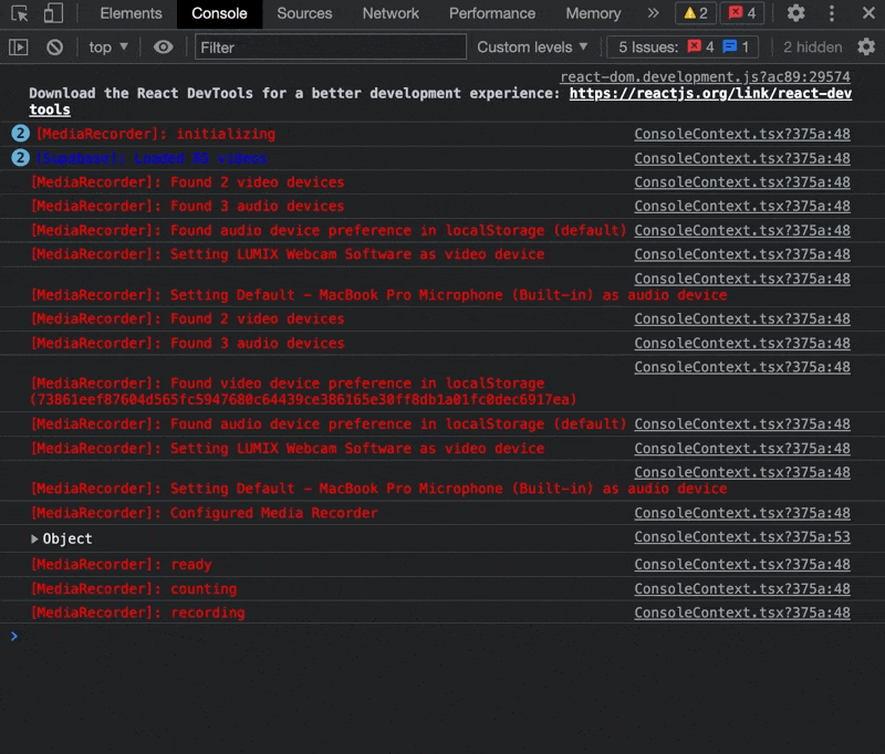 An animated GIF showing the contents of the browser's javascript console populating with Mux webhook information.