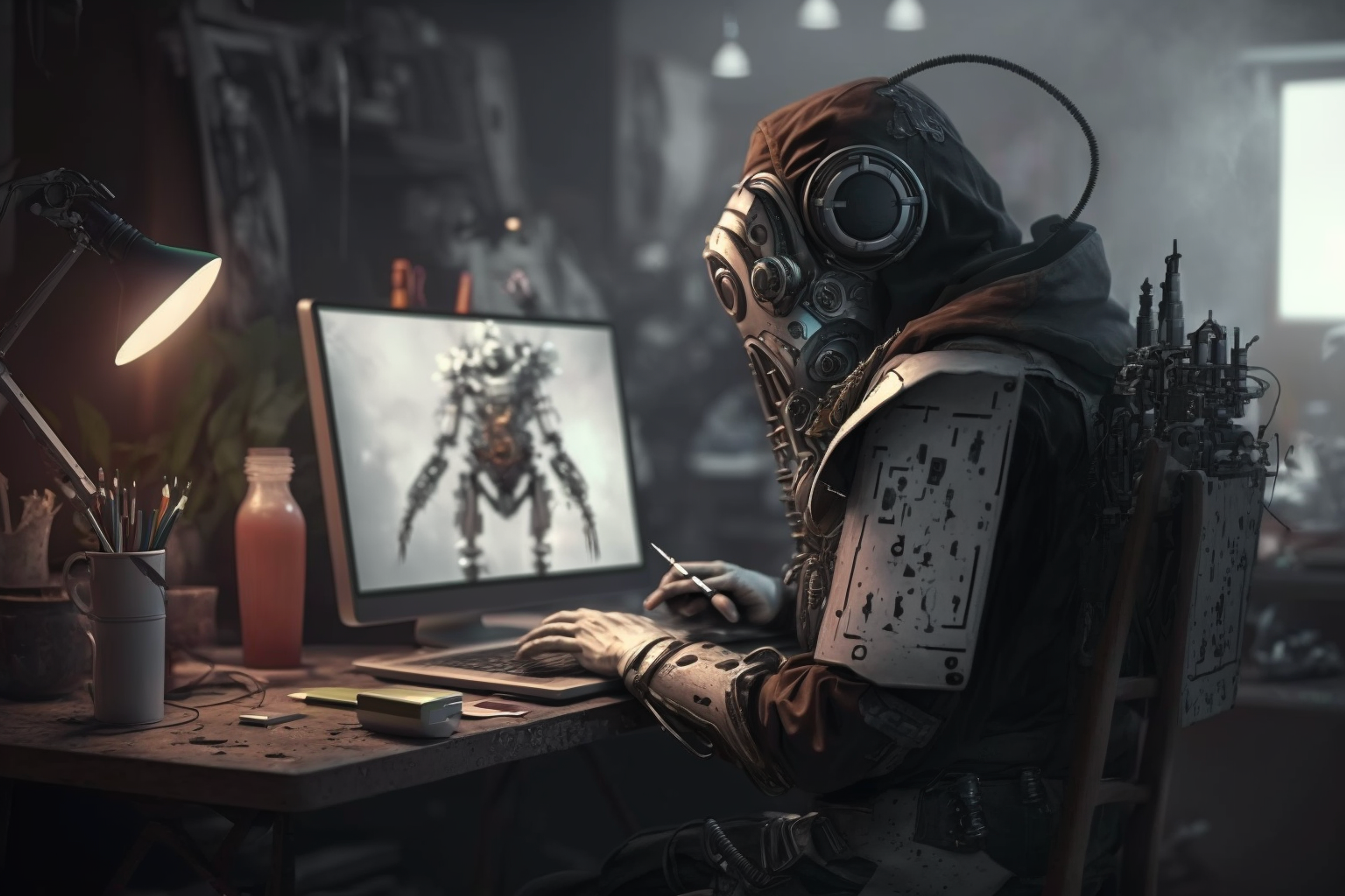 An AI-generated photo of an automaton using a Wacom tablet at a dimly-lit desk in a dusty workshop