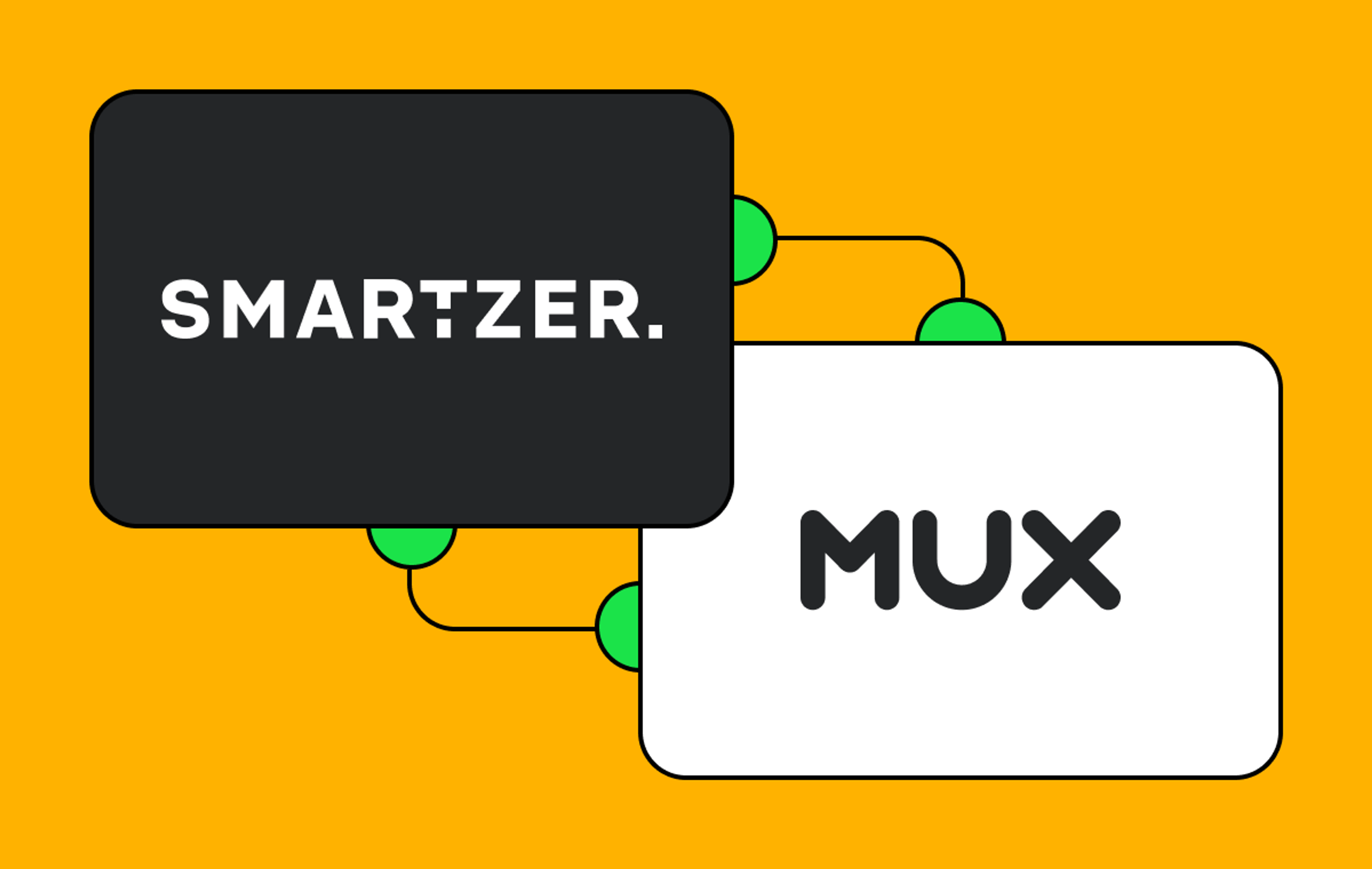 Smartzer logo on the left, Mux logo on the right on a yellow background