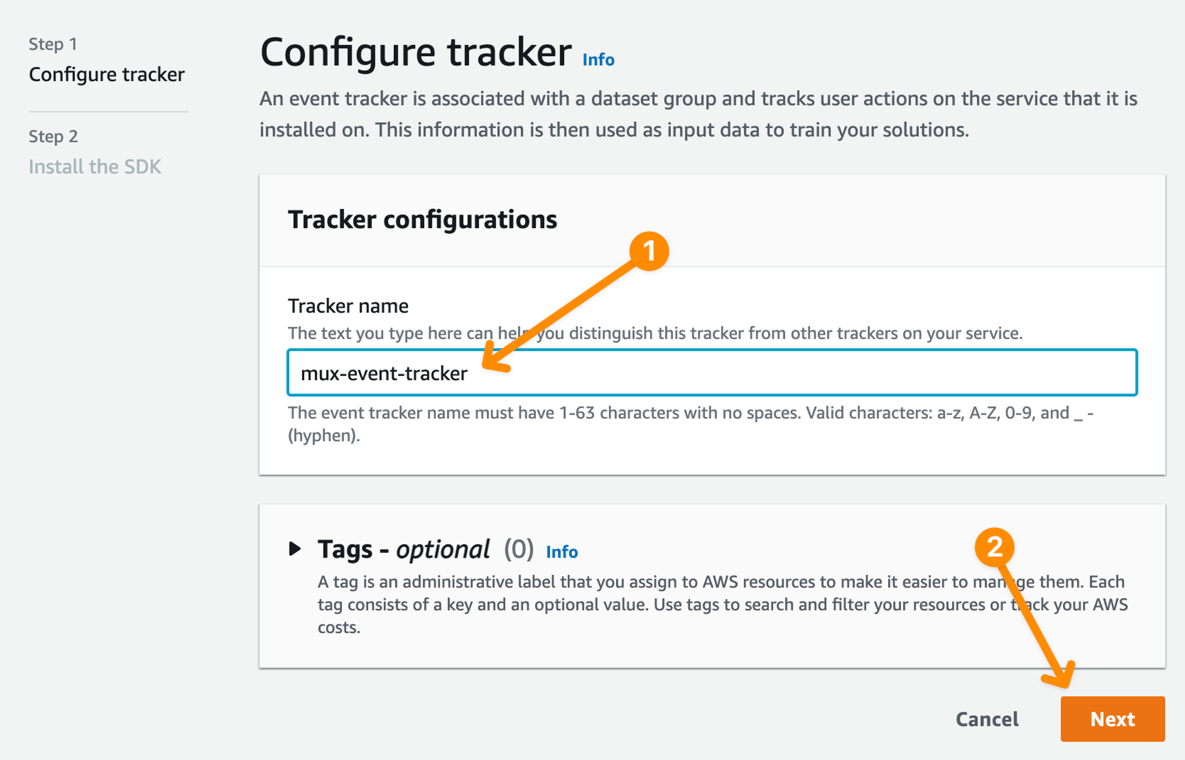 A screenshot of configuring a tracker within AWS Personalize