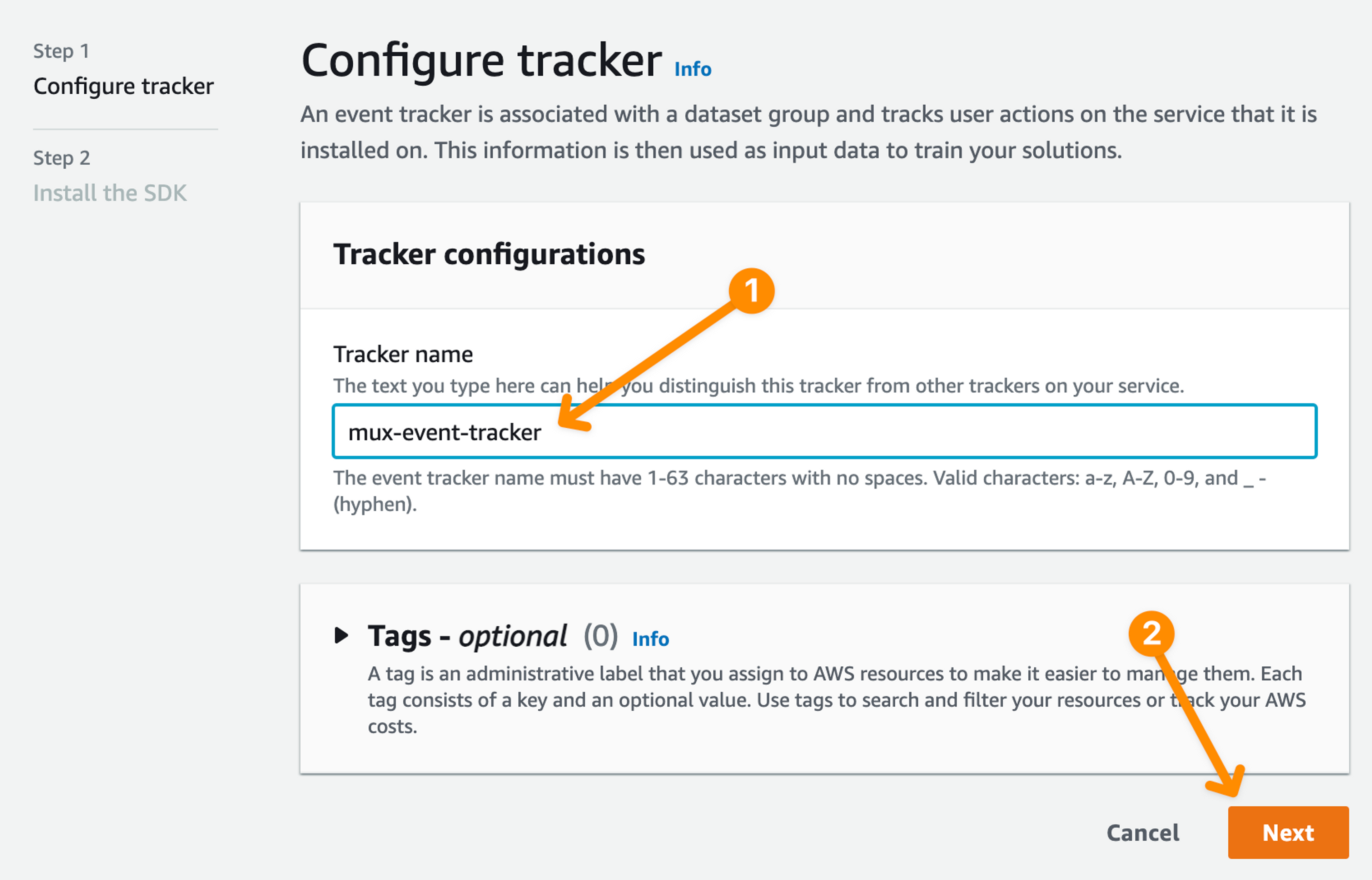 A screenshot of configuring a tracker within AWS Personalize