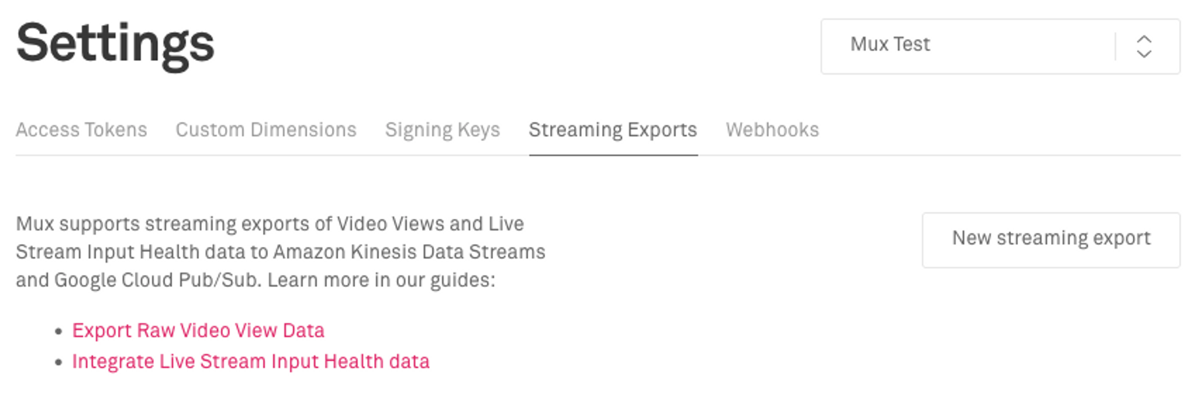 An image of streaming exports in settings