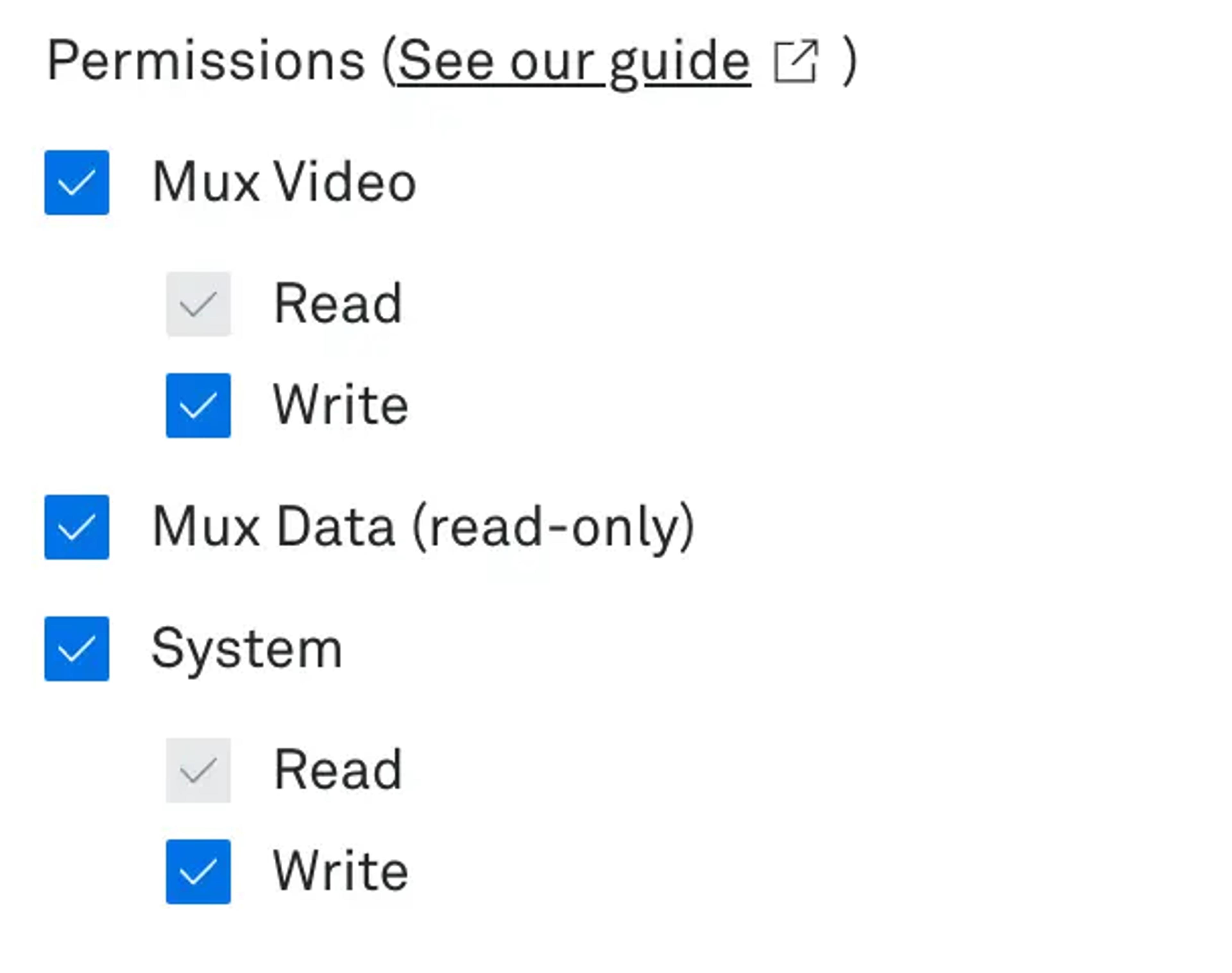 api permissions Mux Video read/write, Mux Data read and System read/write
