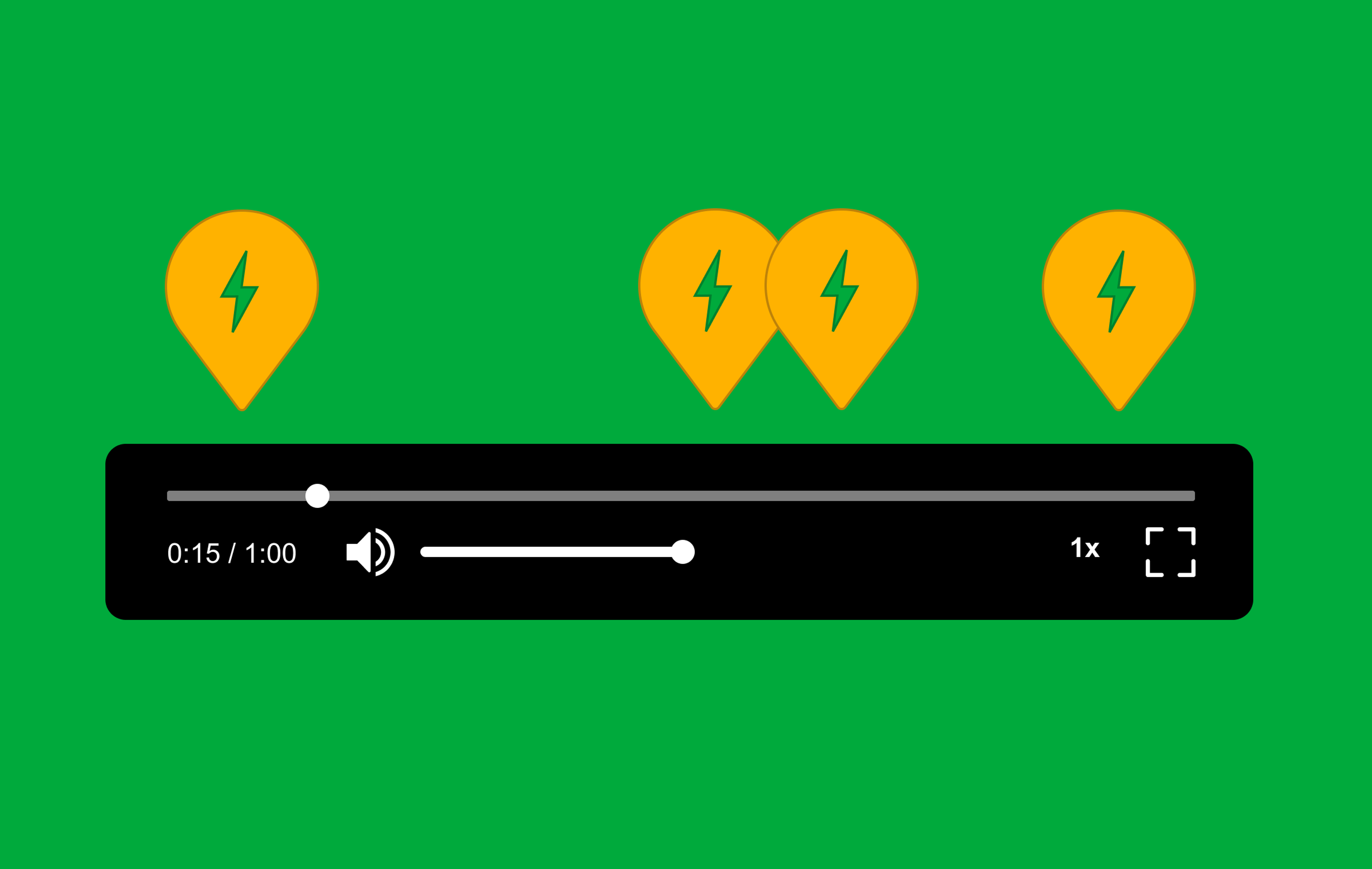 A graphic design that show a video player control bar. Hovering over the timeline are markers containing lightning bolts, depicting events occurring at specific points during the media playback.