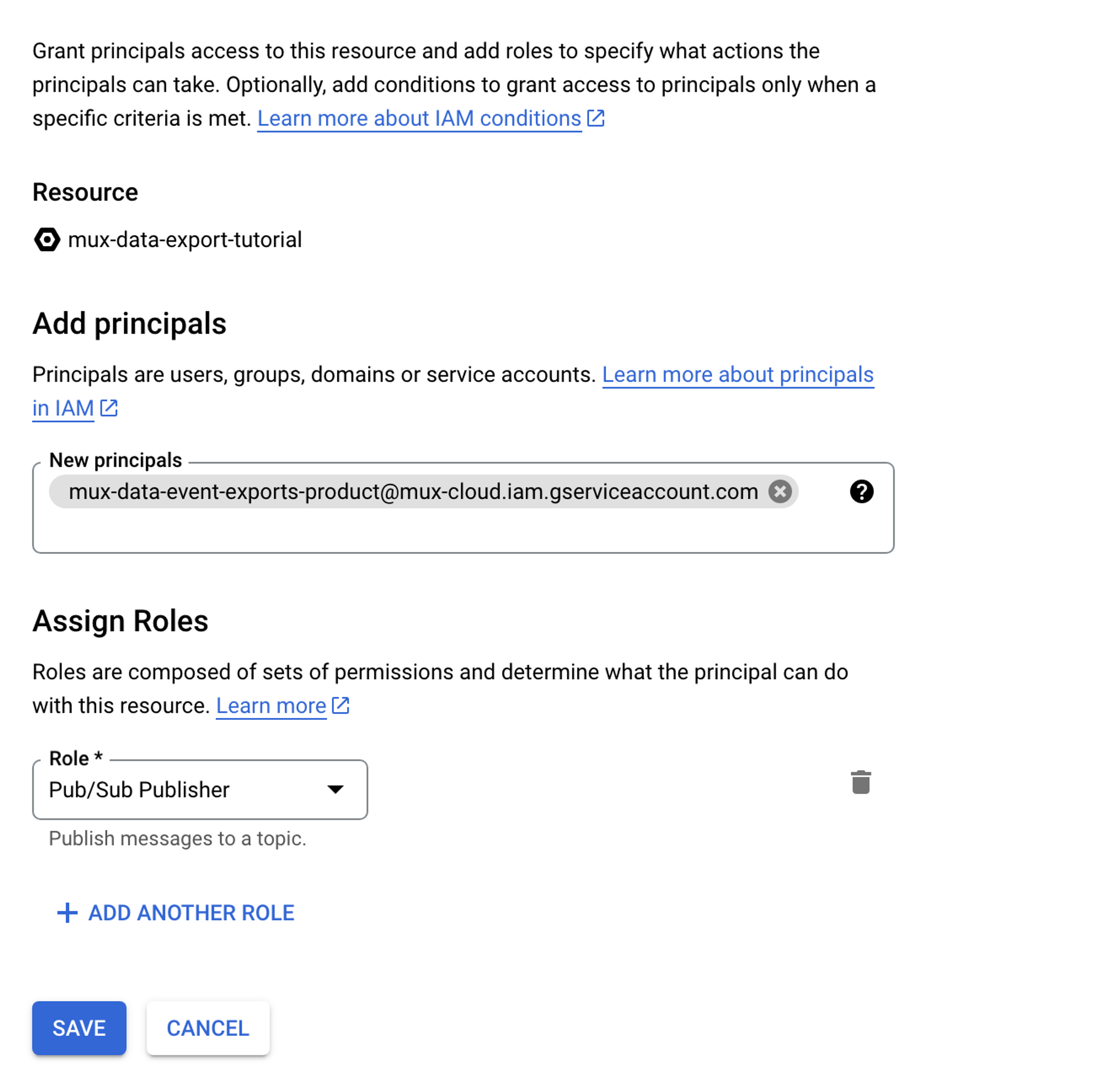 A screenshot of the "Add principals" form, prefilled using the values described above.