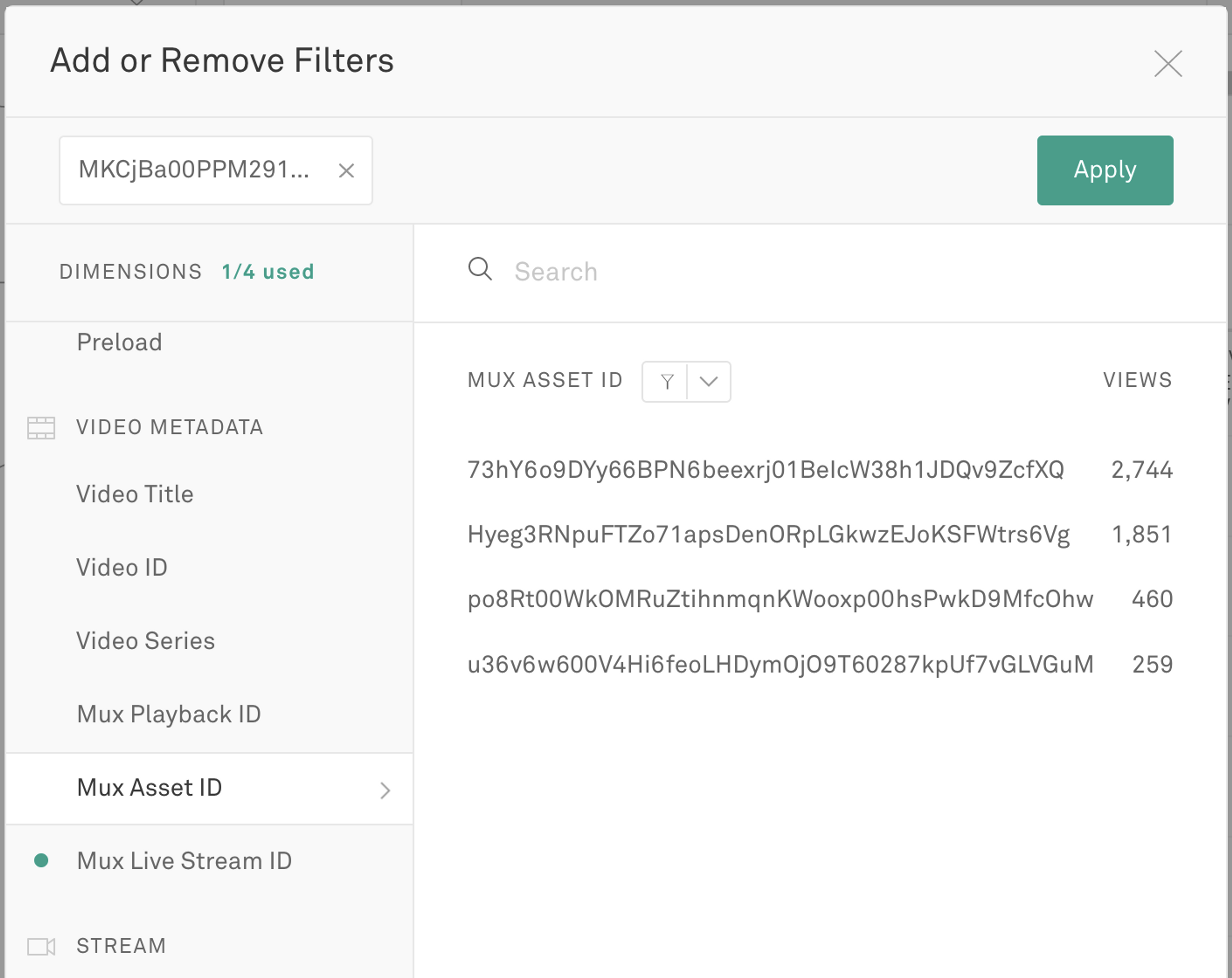 Add or remove Mux Data filters