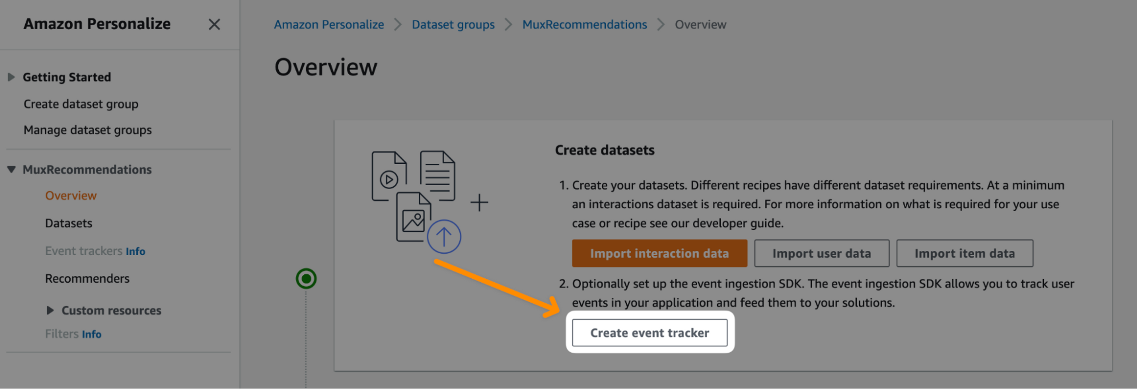 A screenshot of the Amazon Personalize dashboard the "Create event tracker" button highlighted