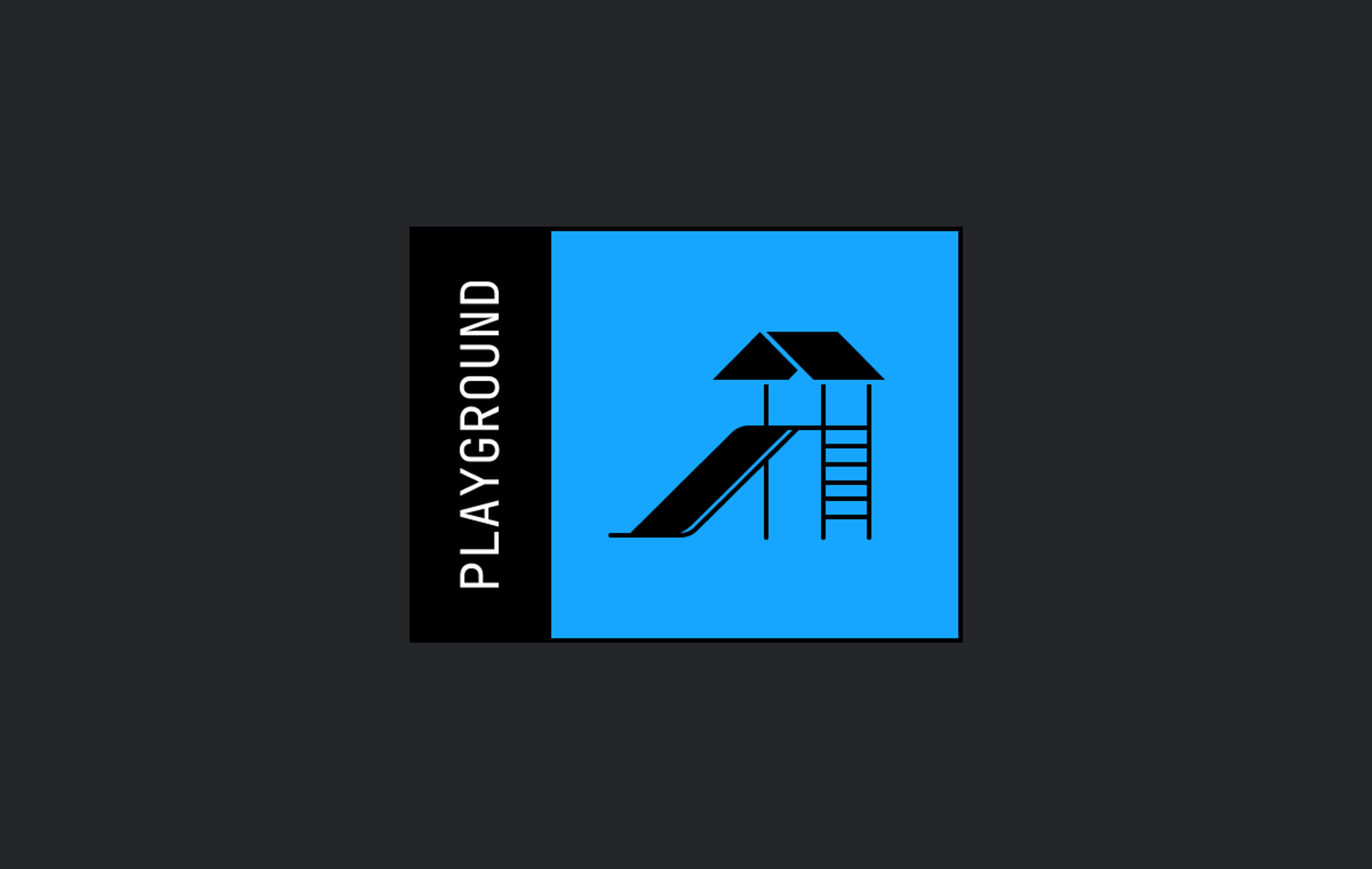 Illustration of a black playground slide and ladder with a peaked roof on a bright blue square, with the word "PLAYGROUND" set vertically in a black side panel, on a dark gray background.