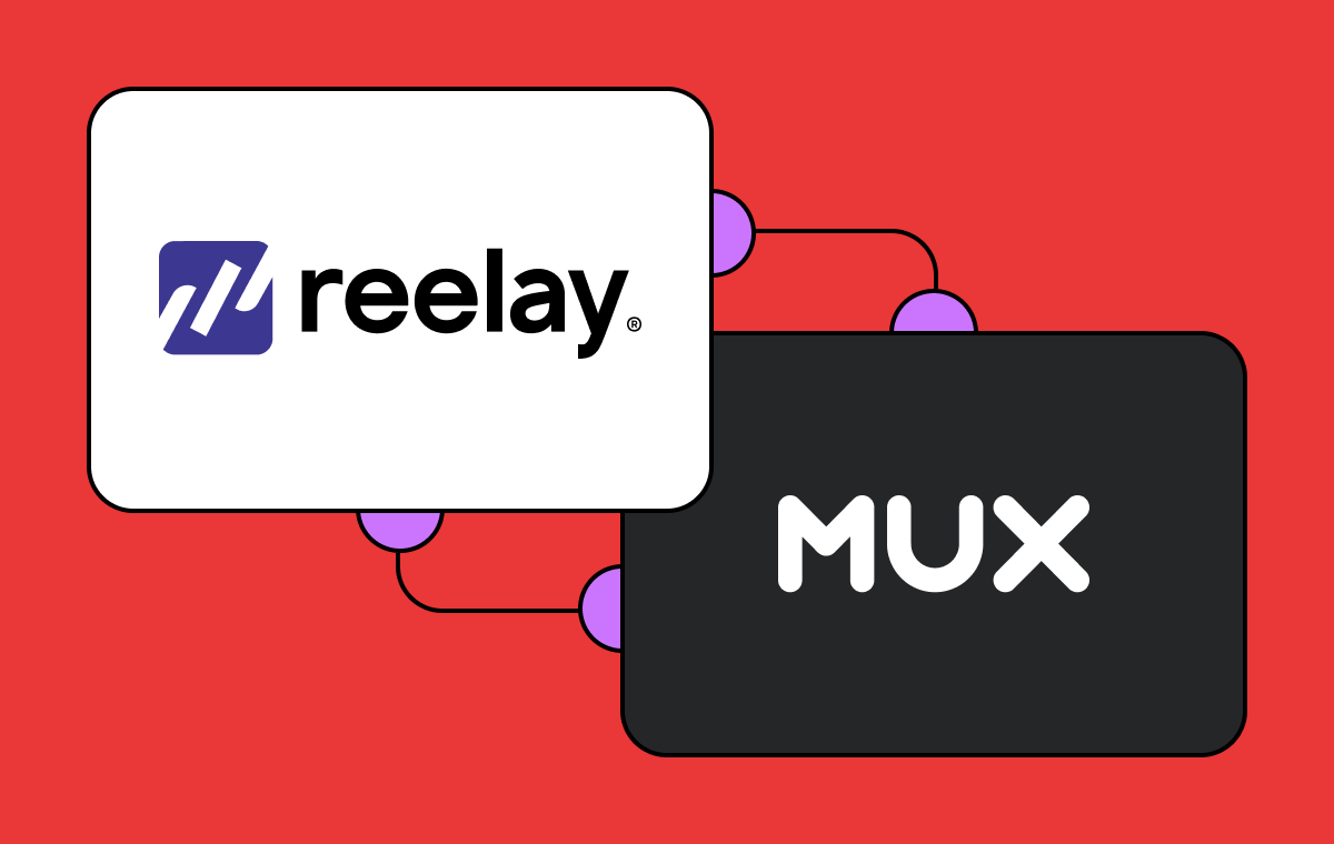 Reelay logo on the left, Mux logo on the right on a red background